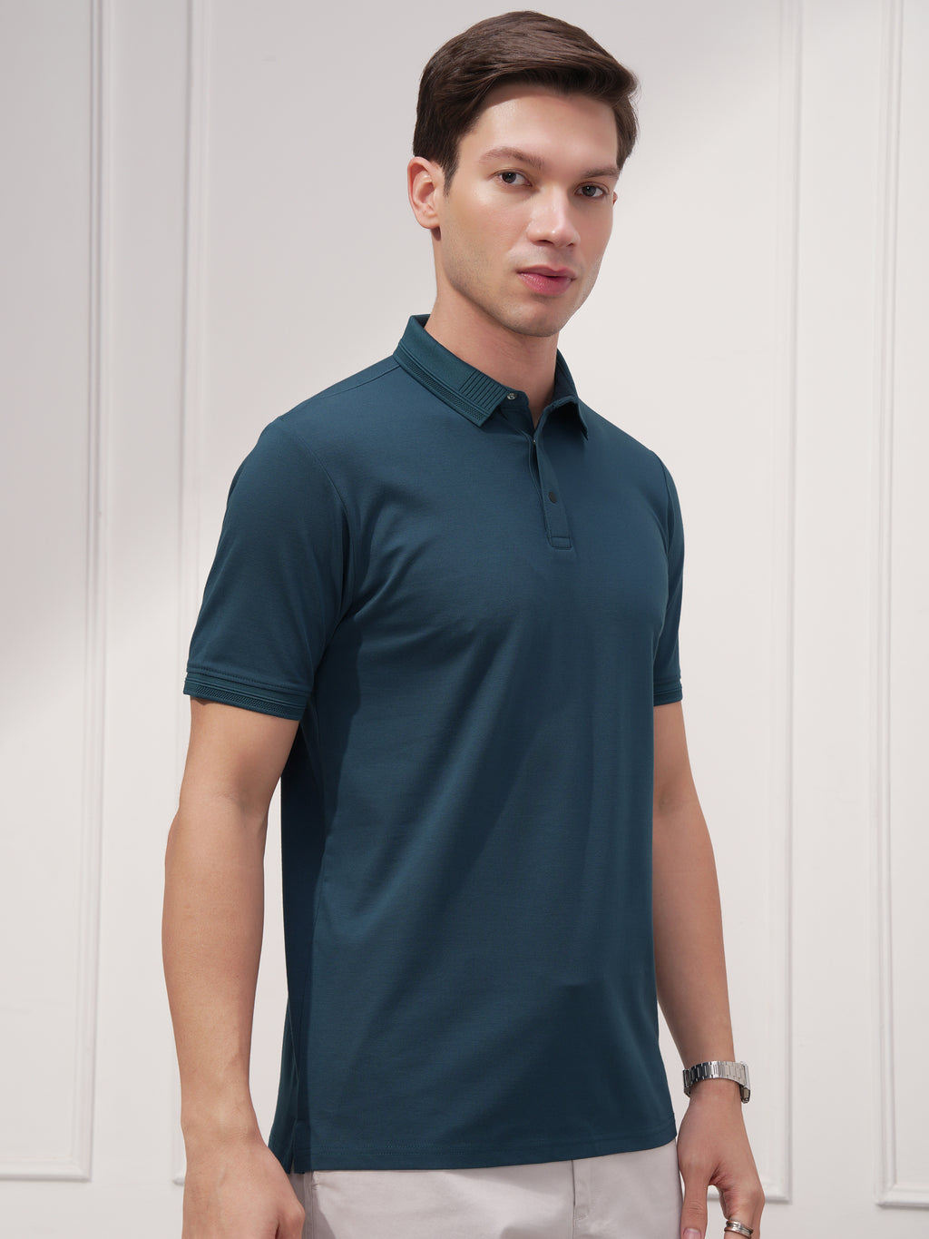 Highlander Men Teal Solid Polo Collar T-Shirt - Teal - Image 6