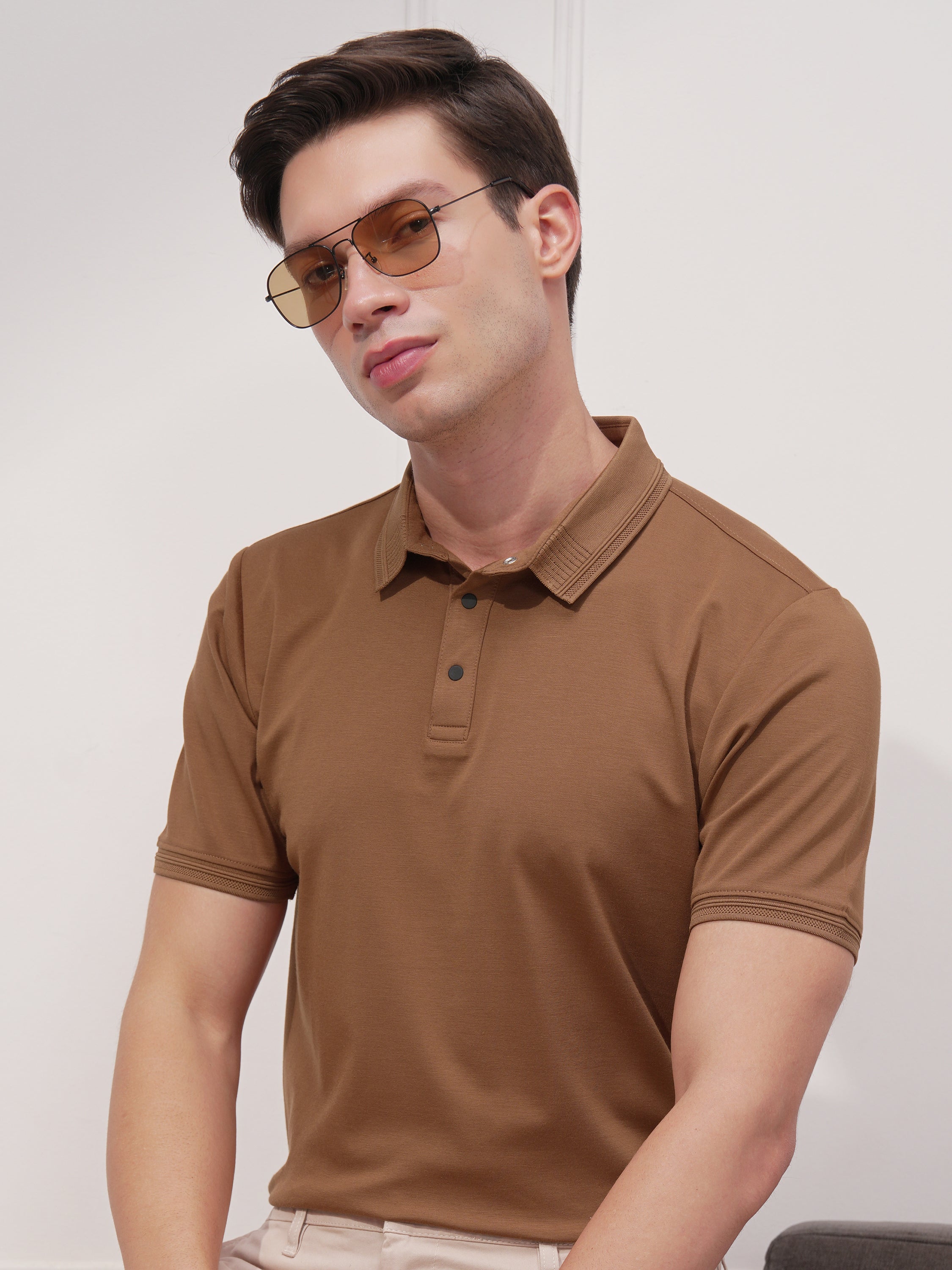 Highlander Men Brown Solid Polo Collar T-Shirt - Brown - Image 1