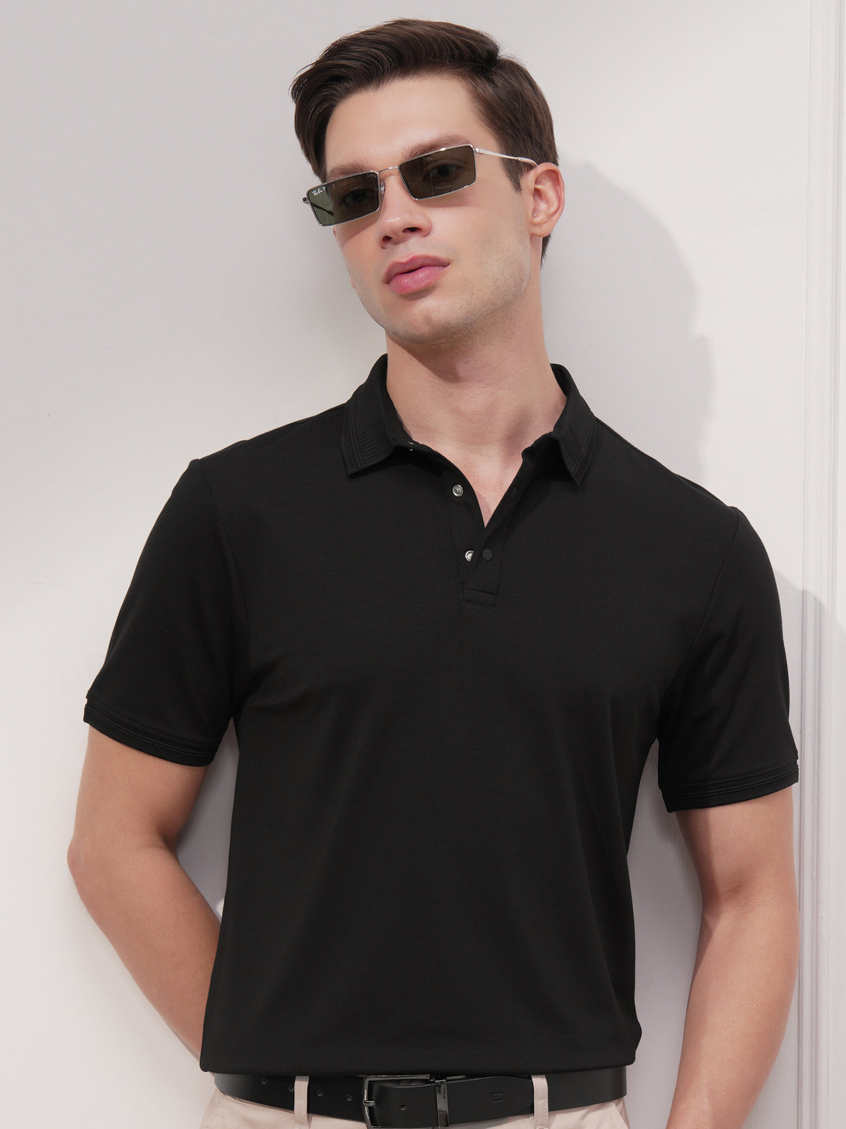 Highlander Men Black Solid Polo Collar T-Shirt - Black - Image 1