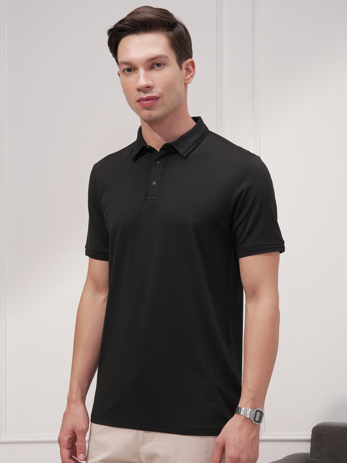 Highlander Men Black Solid Polo Collar T-Shirt - Black - Image 4
