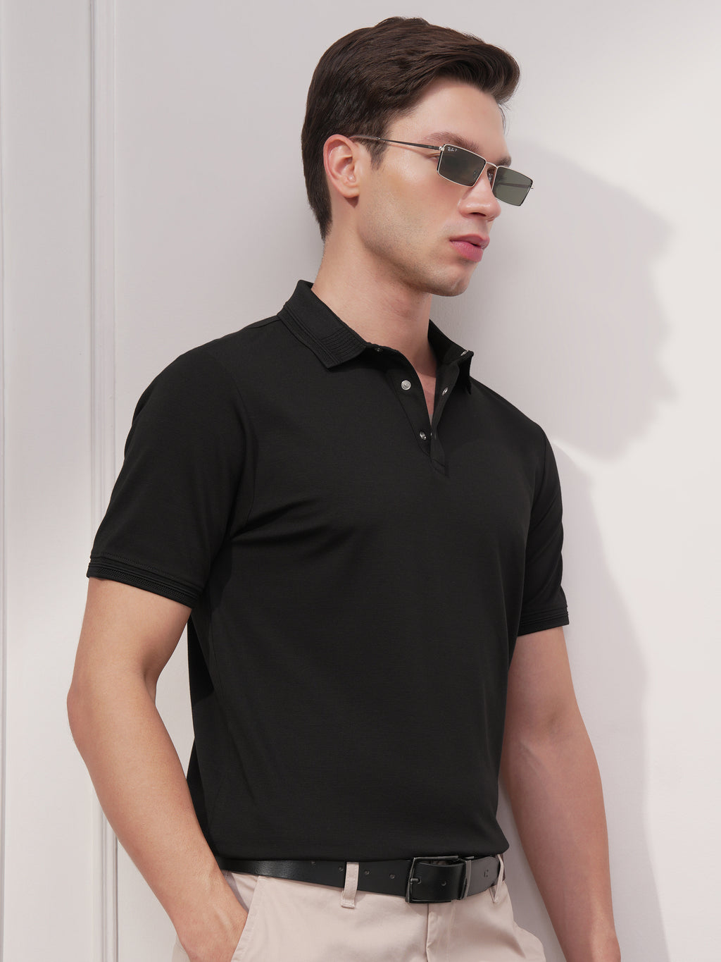 Highlander Men Black Solid Polo Collar T-Shirt - Black - Image 6