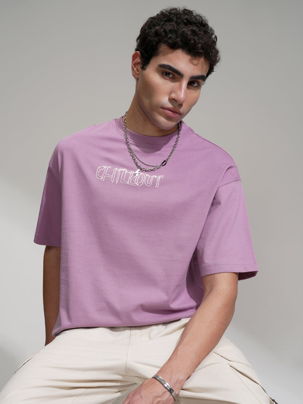 Highlander Men Mauve Printed Round Neck Oversized Fit T-Shirt - Mauve - Image 1