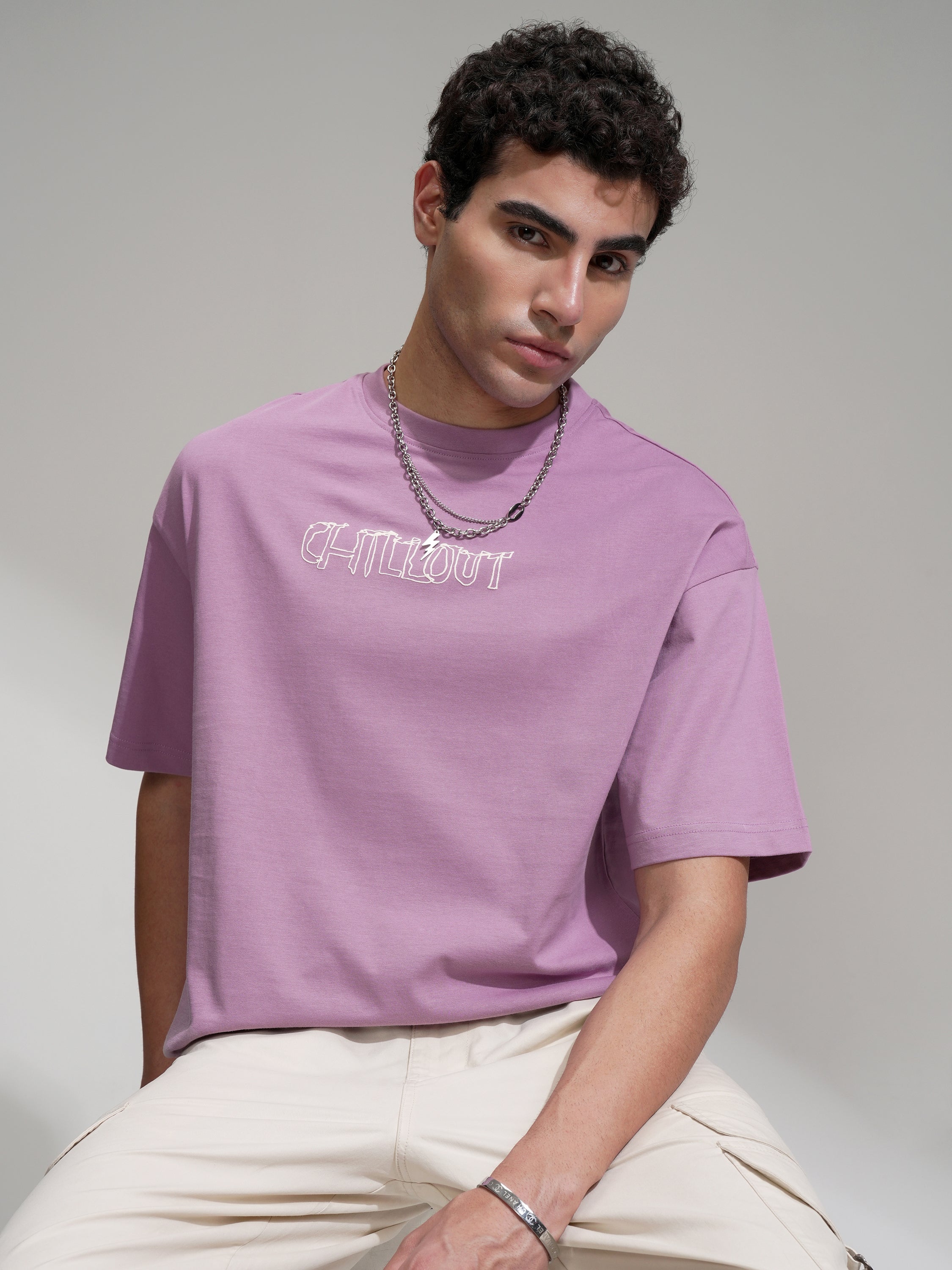 Highlander Men Mauve Printed Round Neck Oversized Fit T-Shirt - Mauve - Image 1