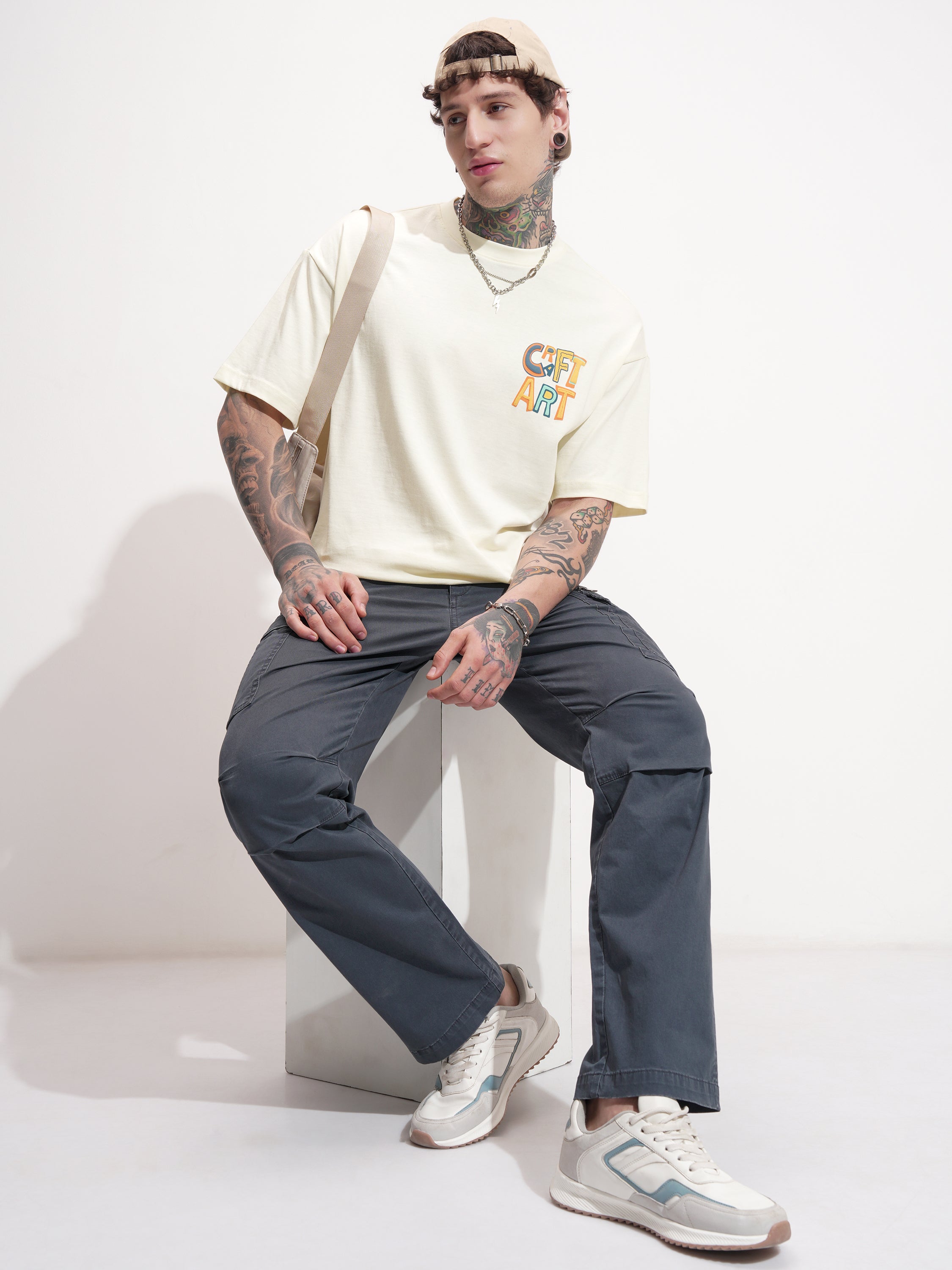 Highlander Men Cream Printed Round Neck Oversized Fit T-Shirt - Cream - Image 2