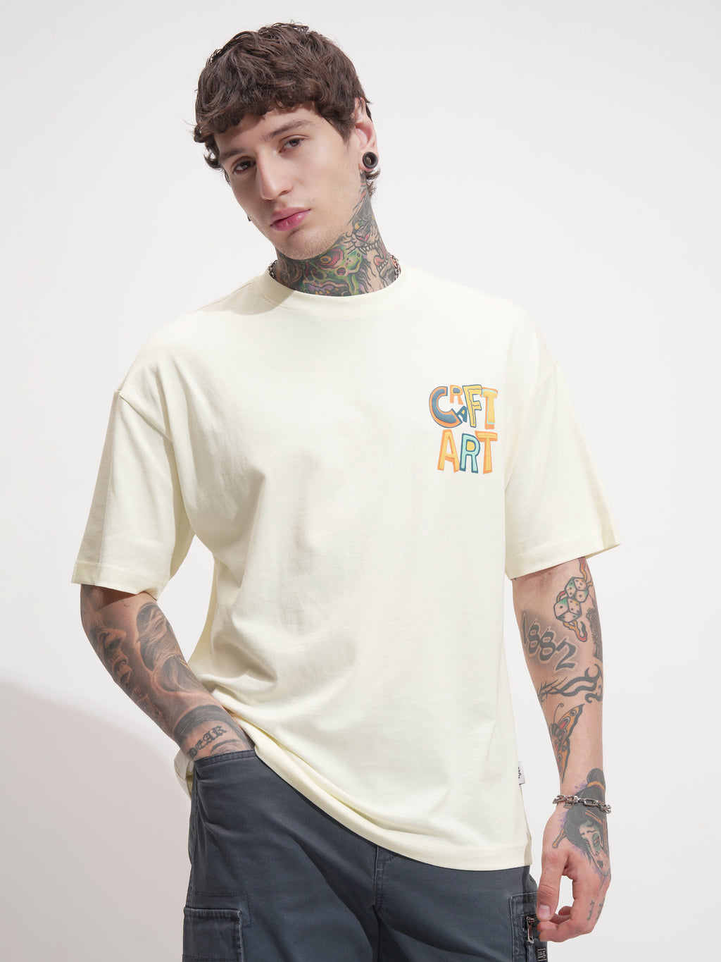 Highlander Men Cream Printed Round Neck Oversized Fit T-Shirt - Cream - Image 3