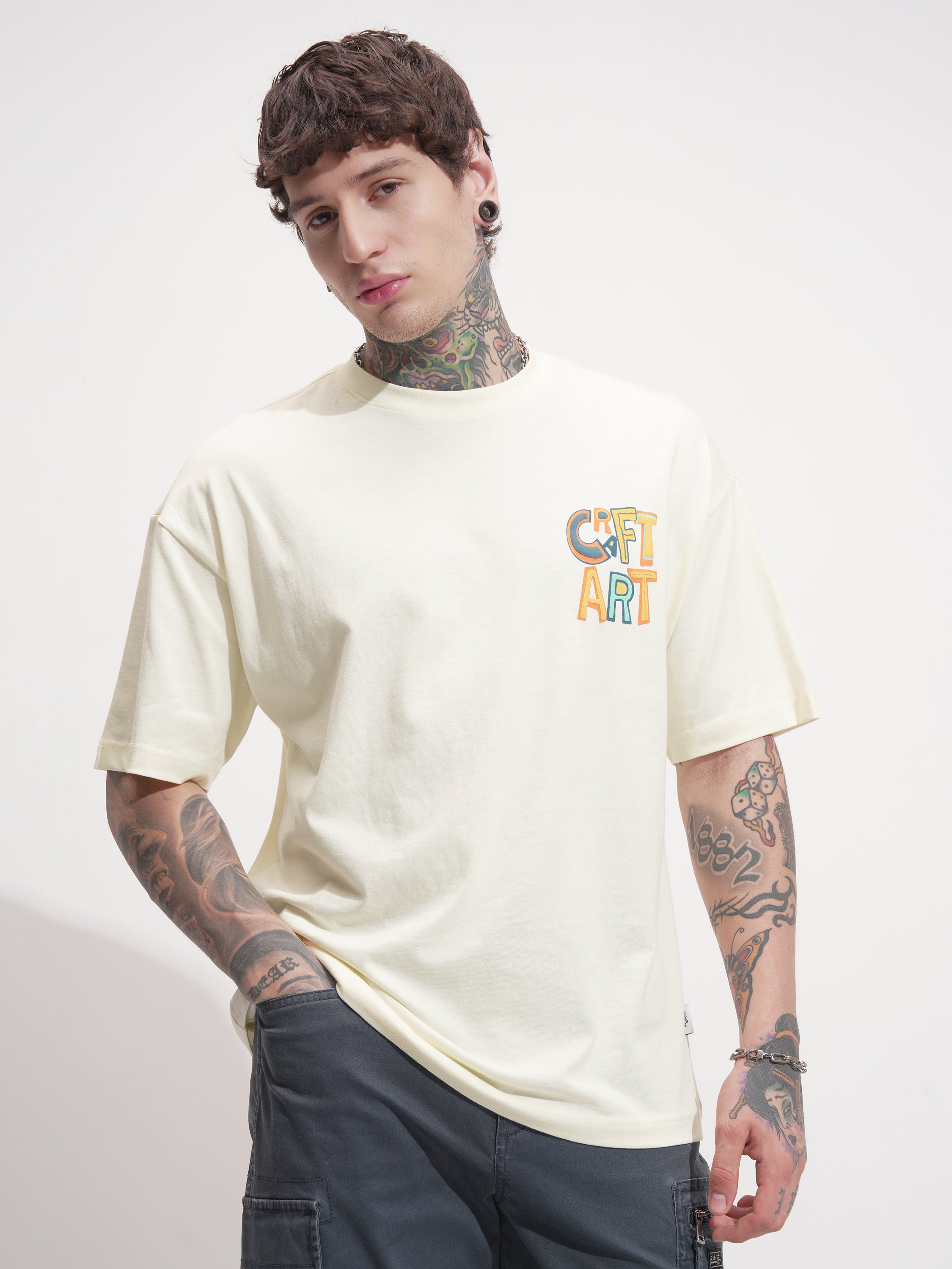 Highlander Men Cream Printed Round Neck Oversized Fit T-Shirt - Cream - Image 3
