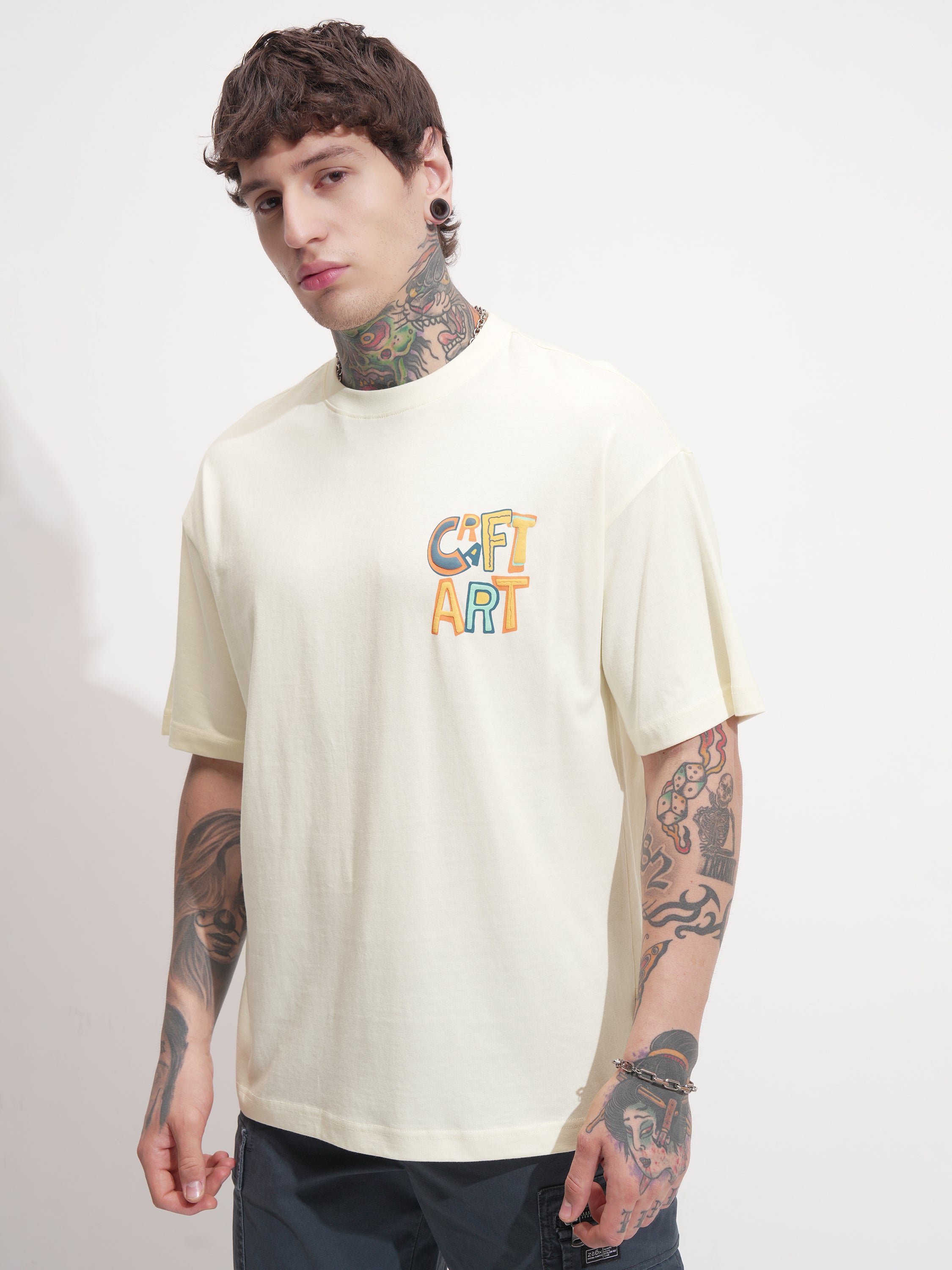 Highlander Men Cream Printed Round Neck Oversized Fit T-Shirt - Cream - Image 4