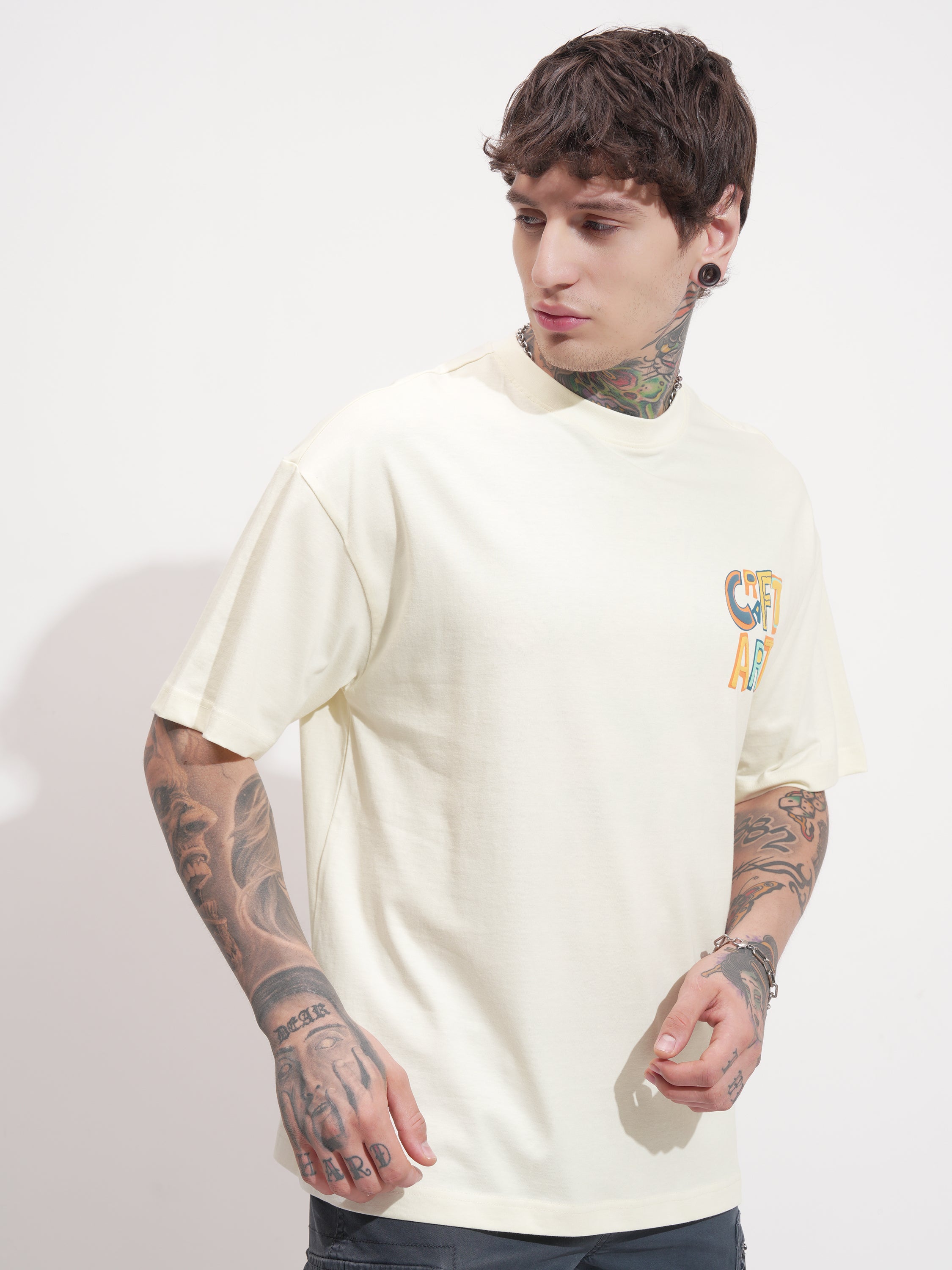 Highlander Men Cream Printed Round Neck Oversized Fit T-Shirt - Cream - Image 6