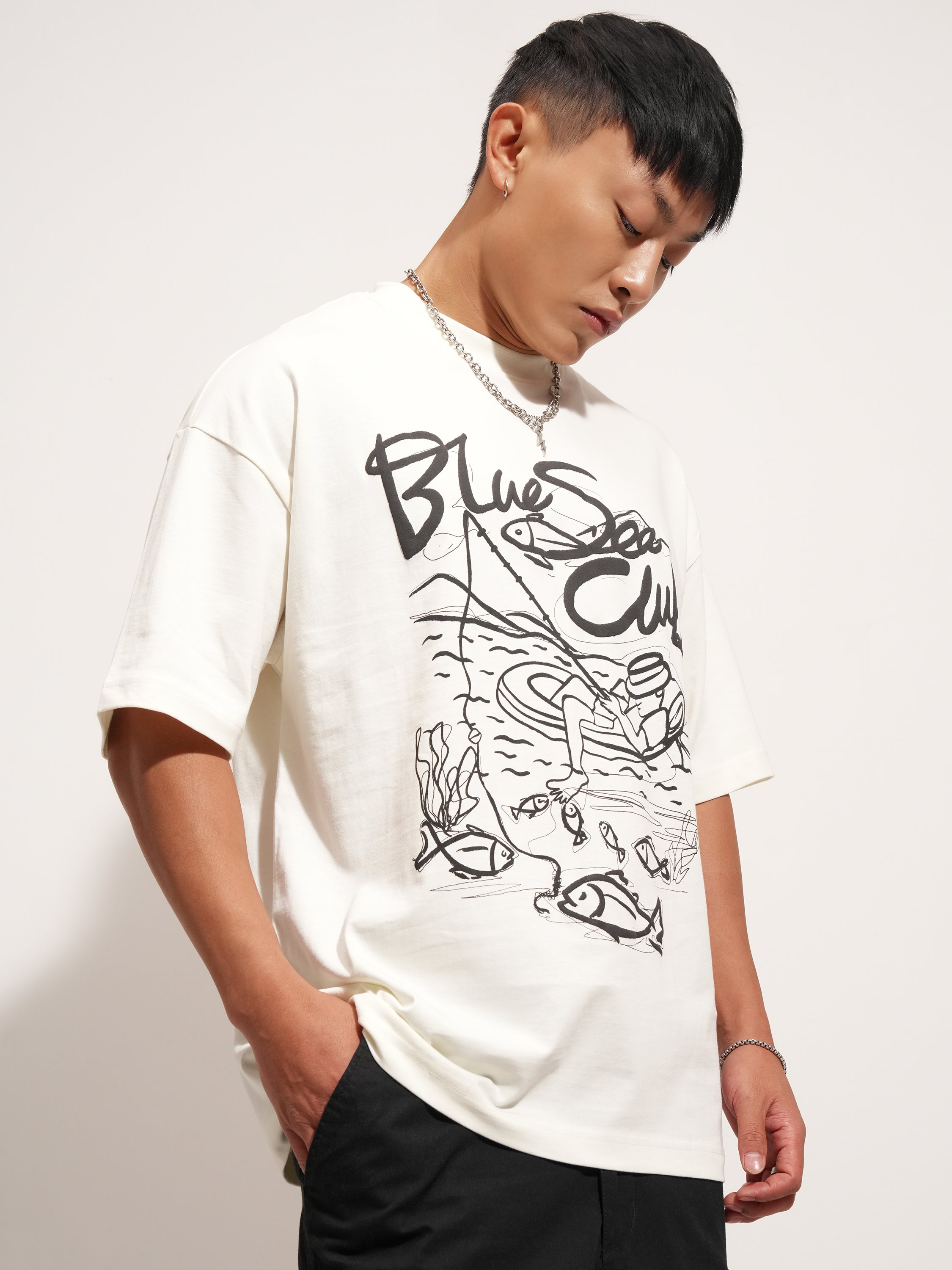 Highlander Men Off White Printed Round Neck Oversized Fit T-Shirt - Off White - Image 6