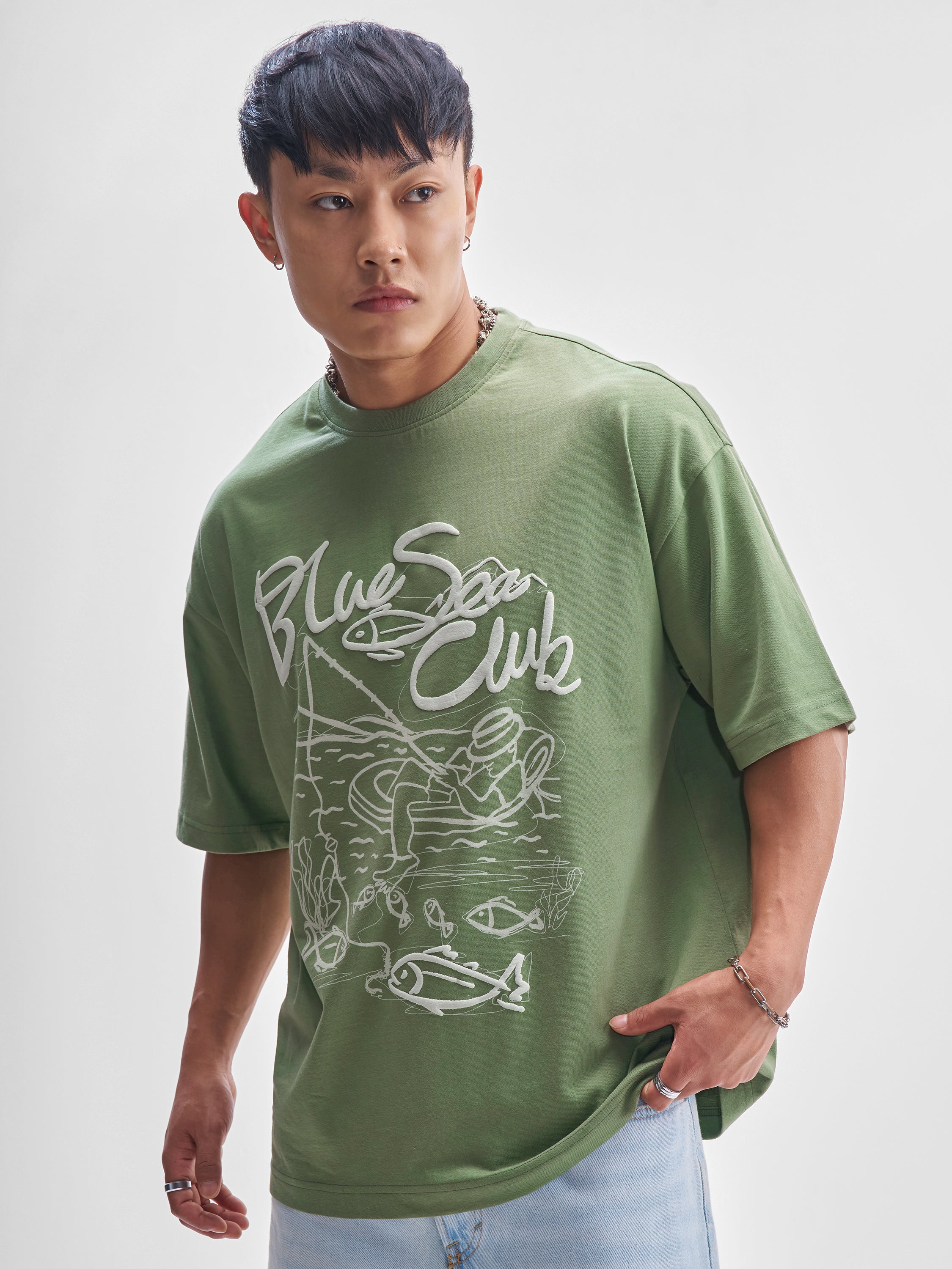 Highlander Men Green Printed Round Neck Oversized Fit T-Shirt - Green - Image 4