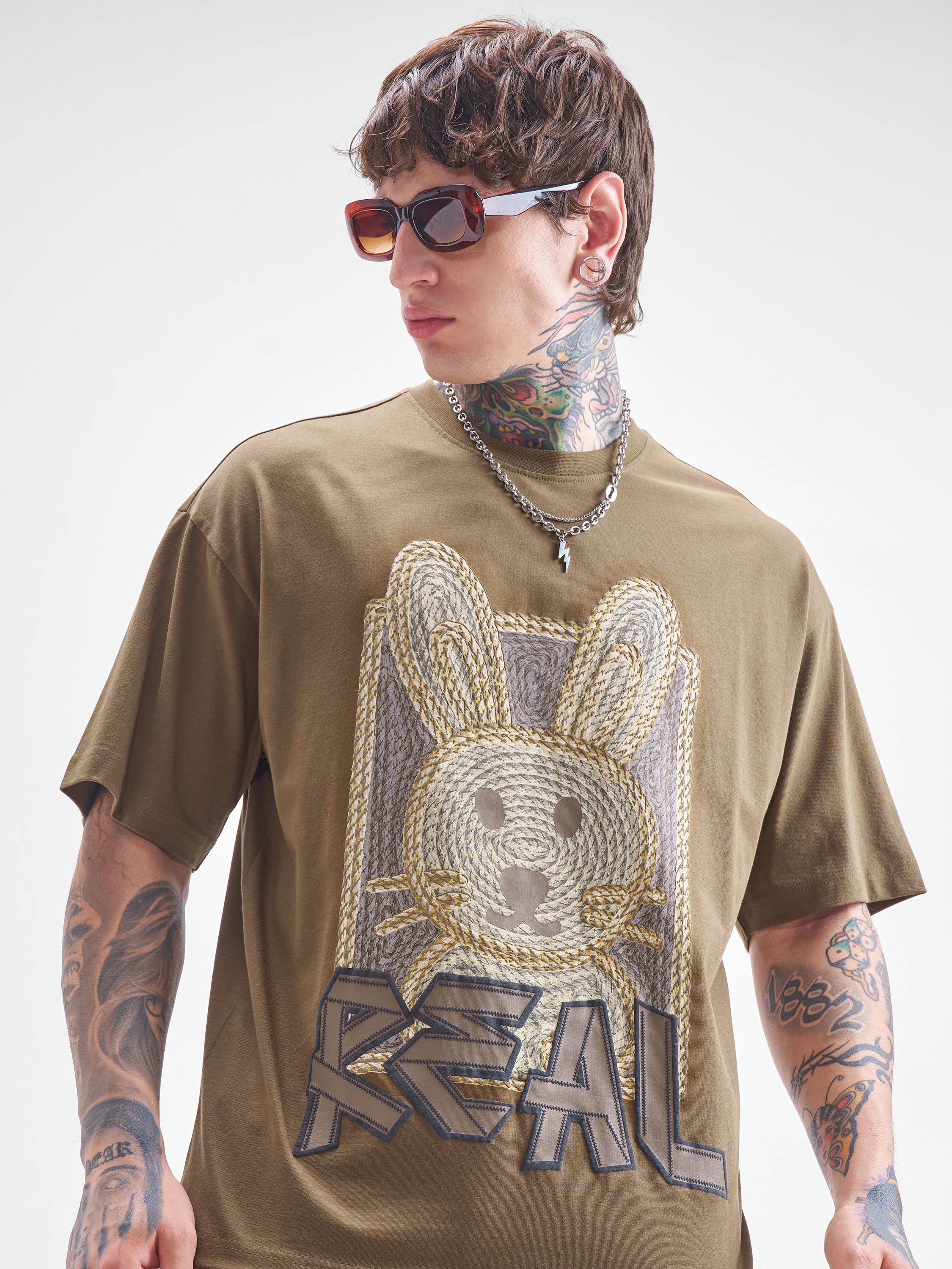 Highlander Men Khaki Printed Round Neck Oversized Fit T-Shirt - Khaki - Image 1