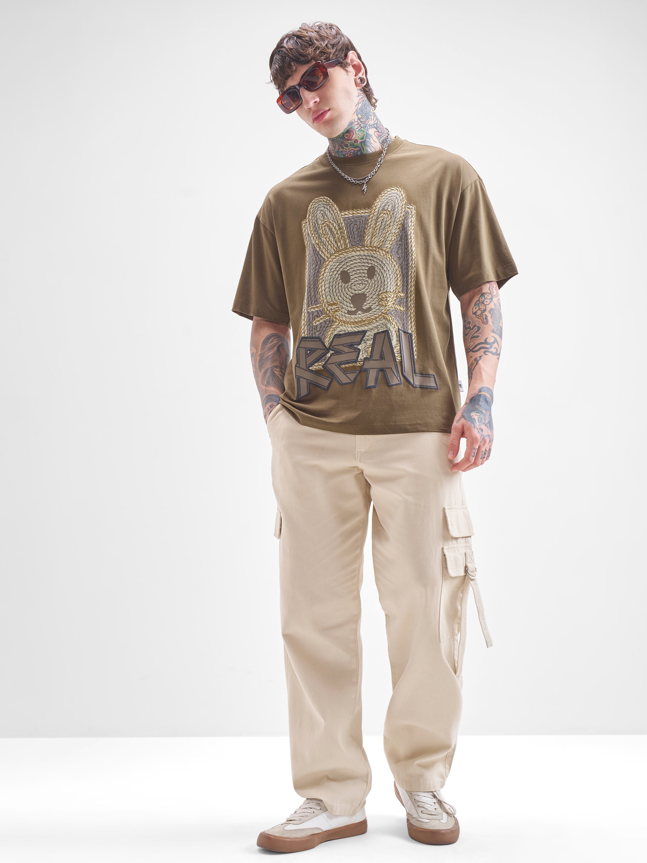 Highlander Men Khaki Printed Round Neck Oversized Fit T-Shirt - Khaki - Image 2