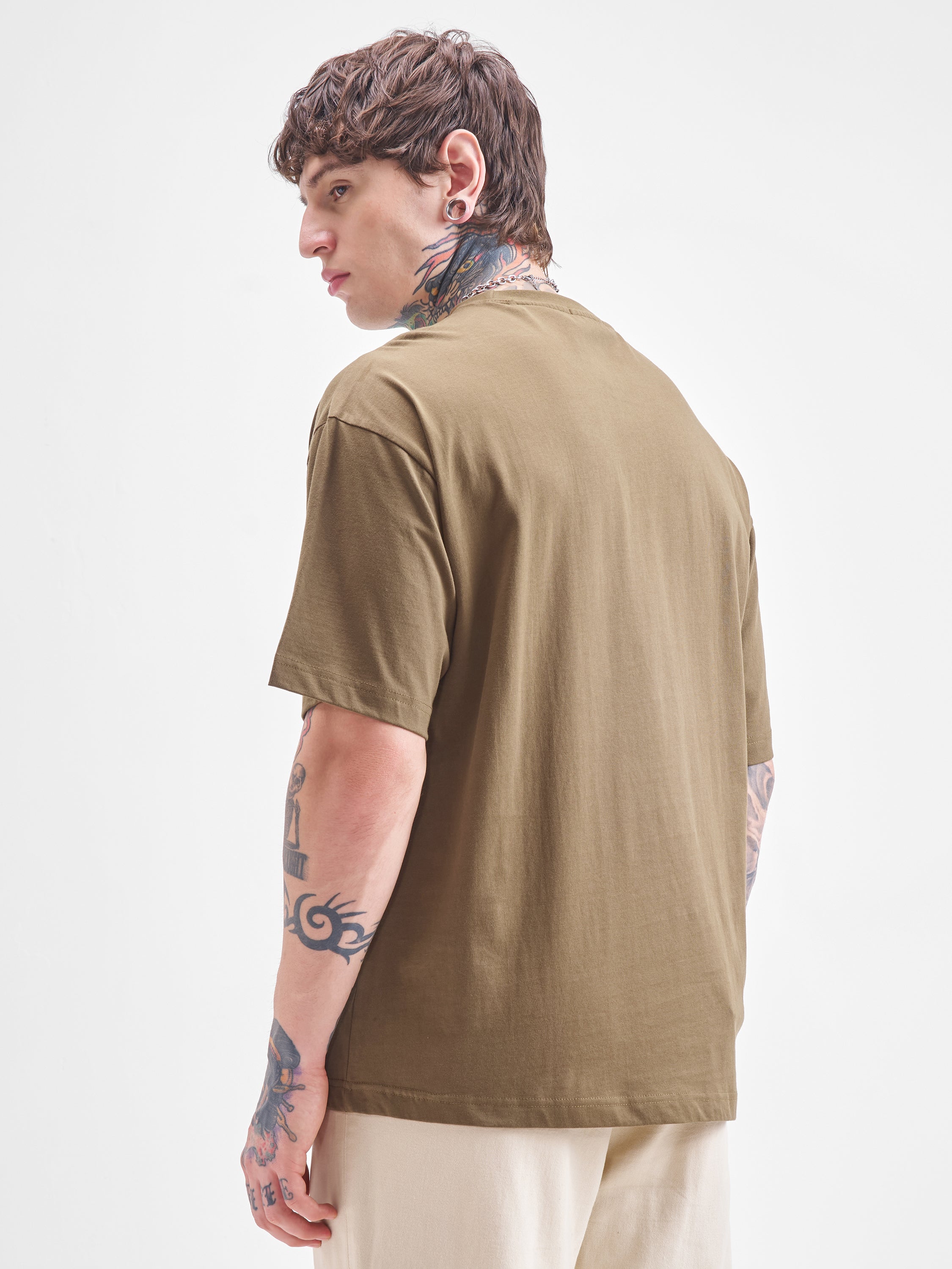 Highlander Men Khaki Printed Round Neck Oversized Fit T-Shirt - Khaki - Image 3