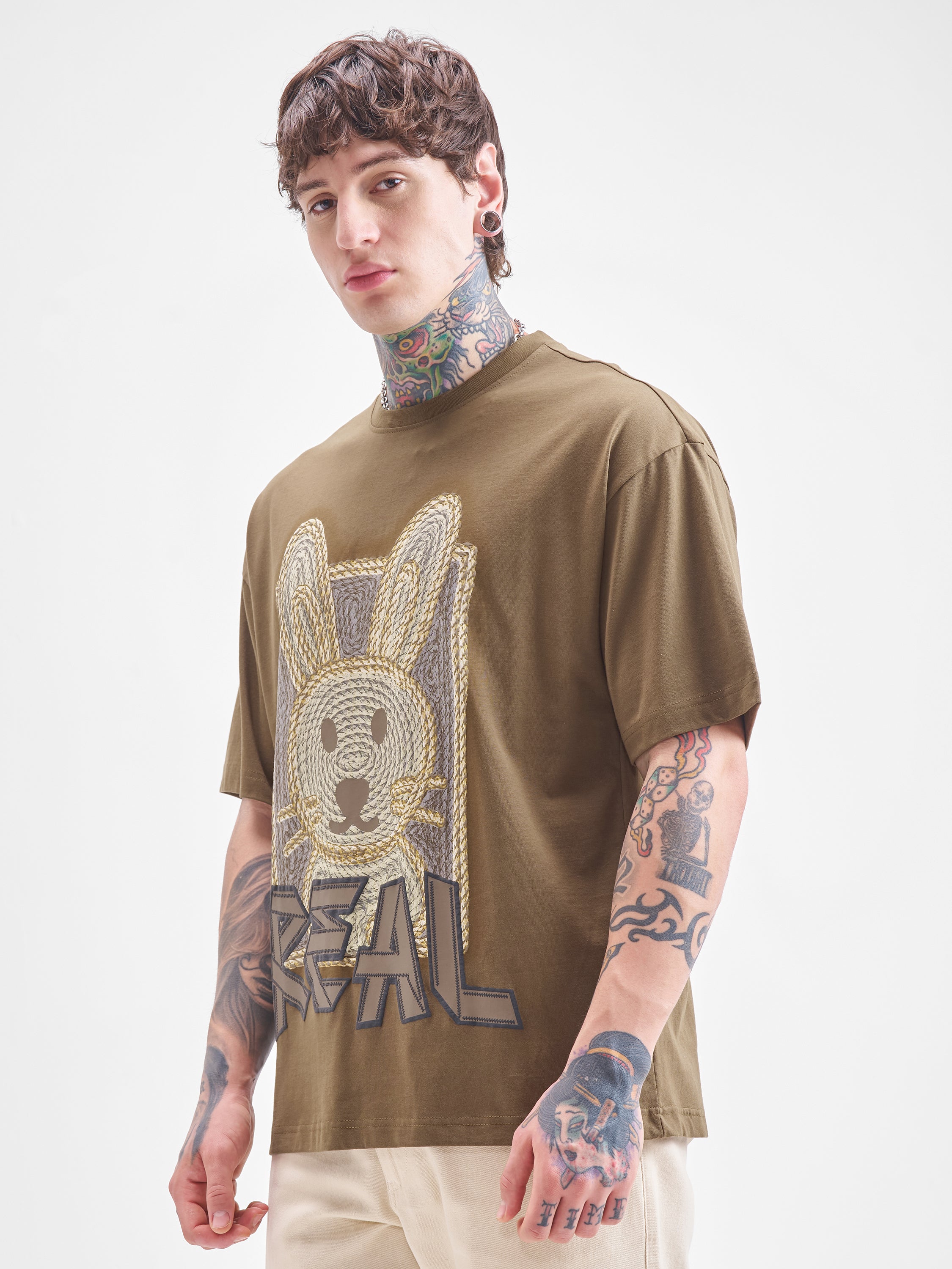 Highlander Men Khaki Printed Round Neck Oversized Fit T-Shirt - Khaki - Image 4