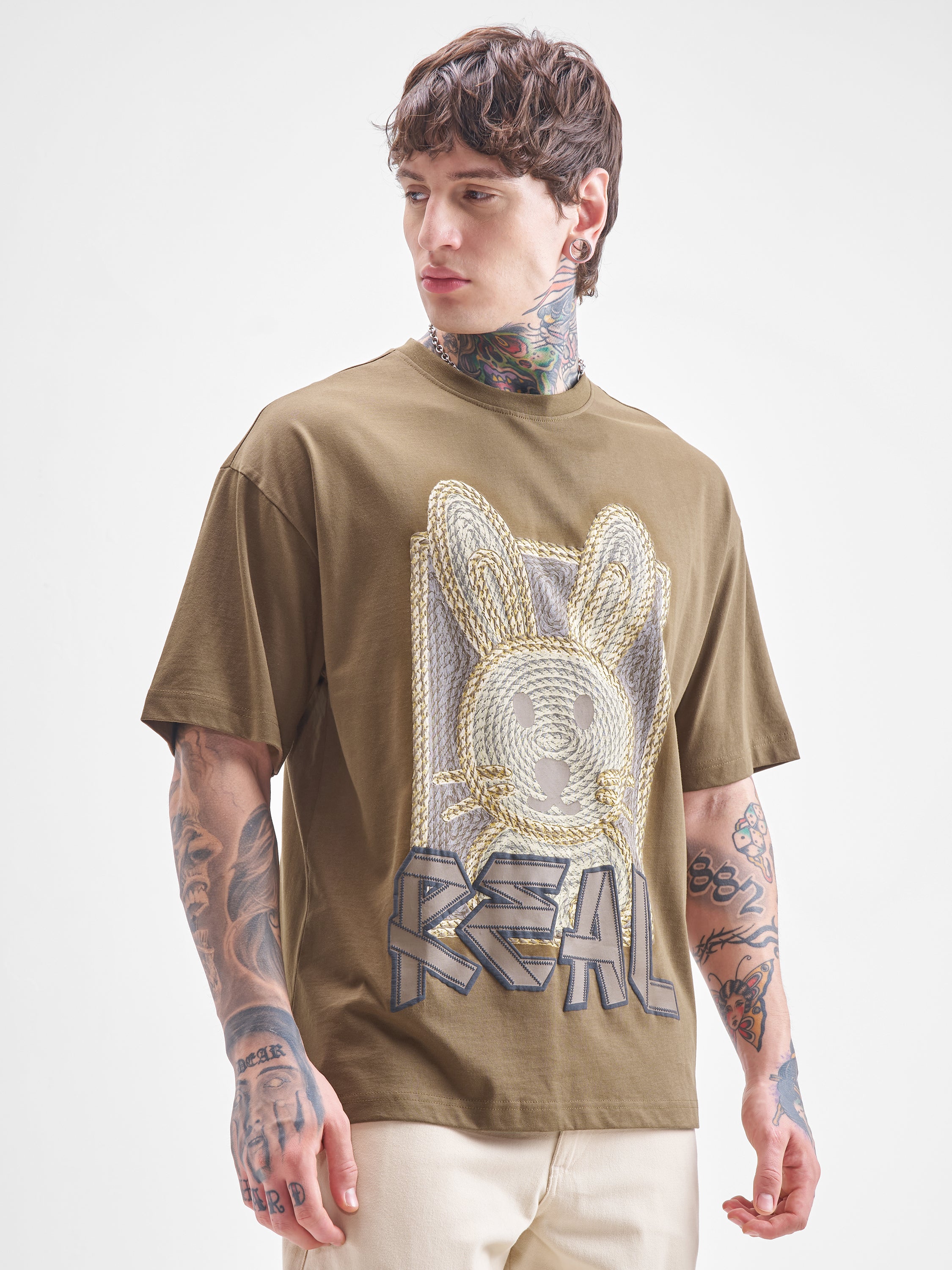 Highlander Men Khaki Printed Round Neck Oversized Fit T-Shirt - Khaki - Image 6