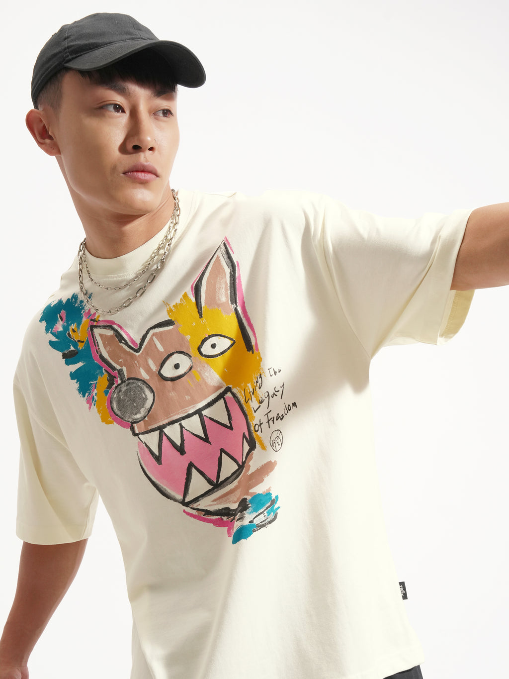 Highlander Men Cream Printed Round Neck Oversized Fit T-Shirt - Cream - Image 1