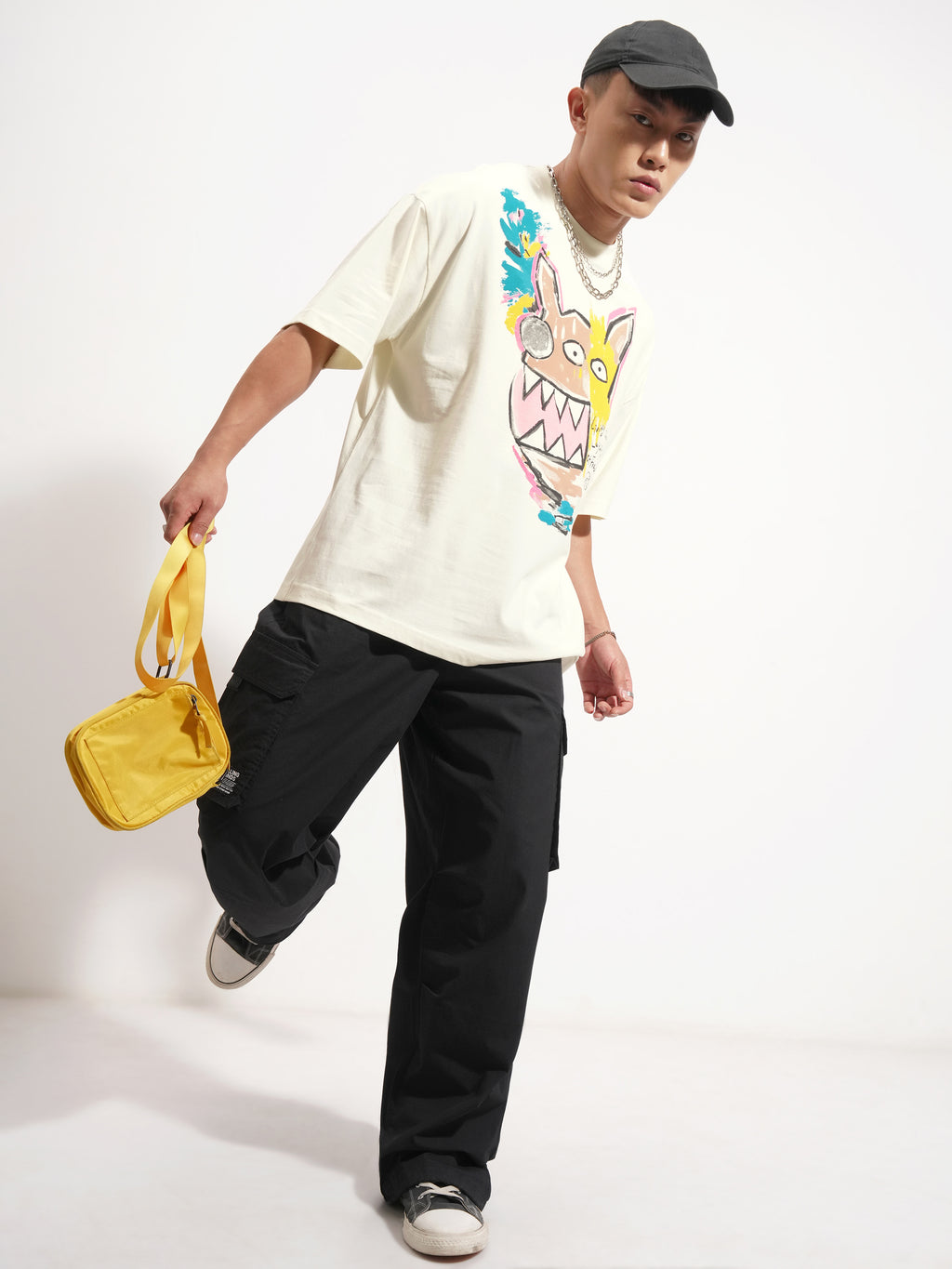 Highlander Men Cream Printed Round Neck Oversized Fit T-Shirt - Cream - Image 2