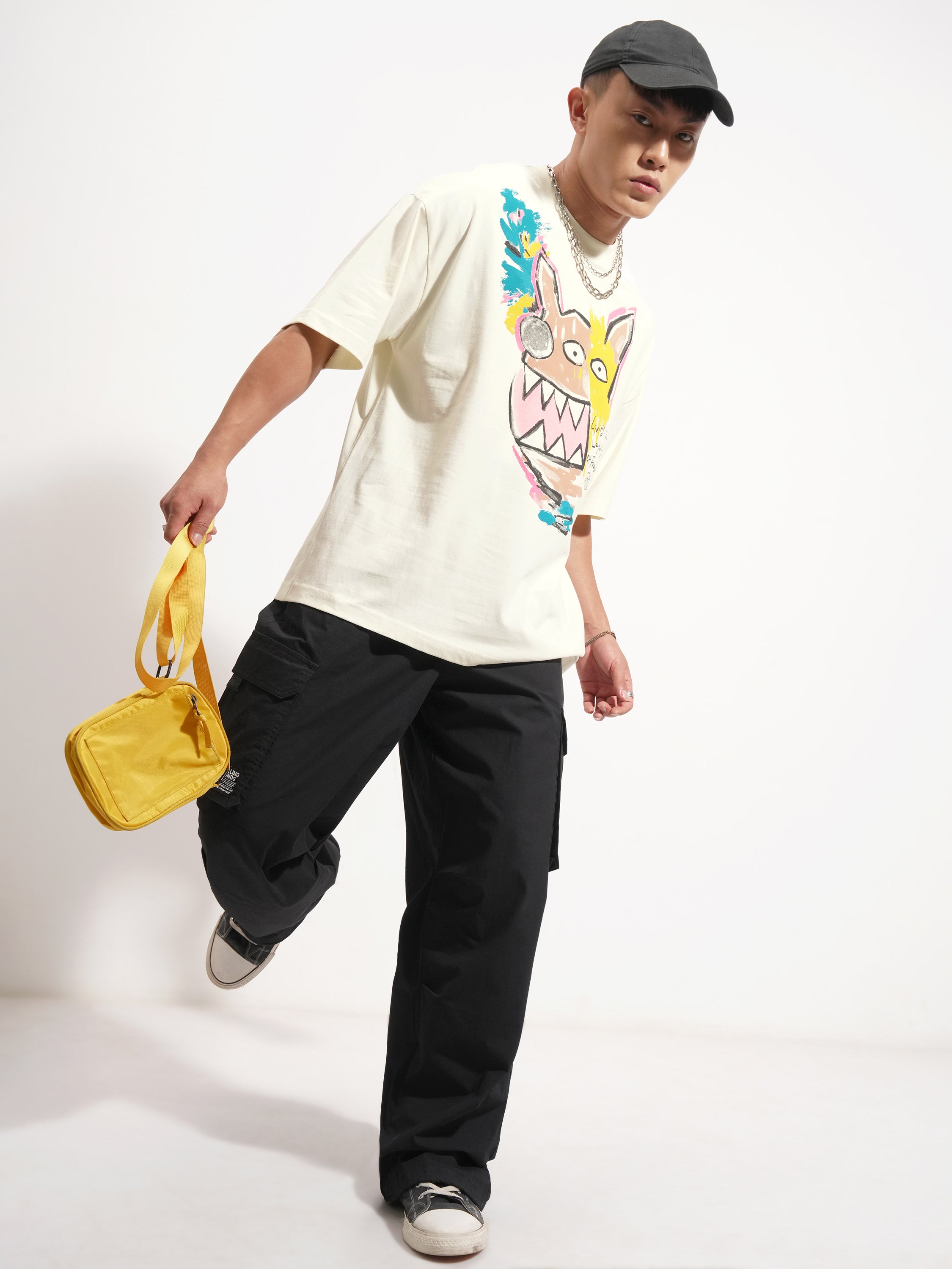 Highlander Men Cream Printed Round Neck Oversized Fit T-Shirt - Cream - Image 2