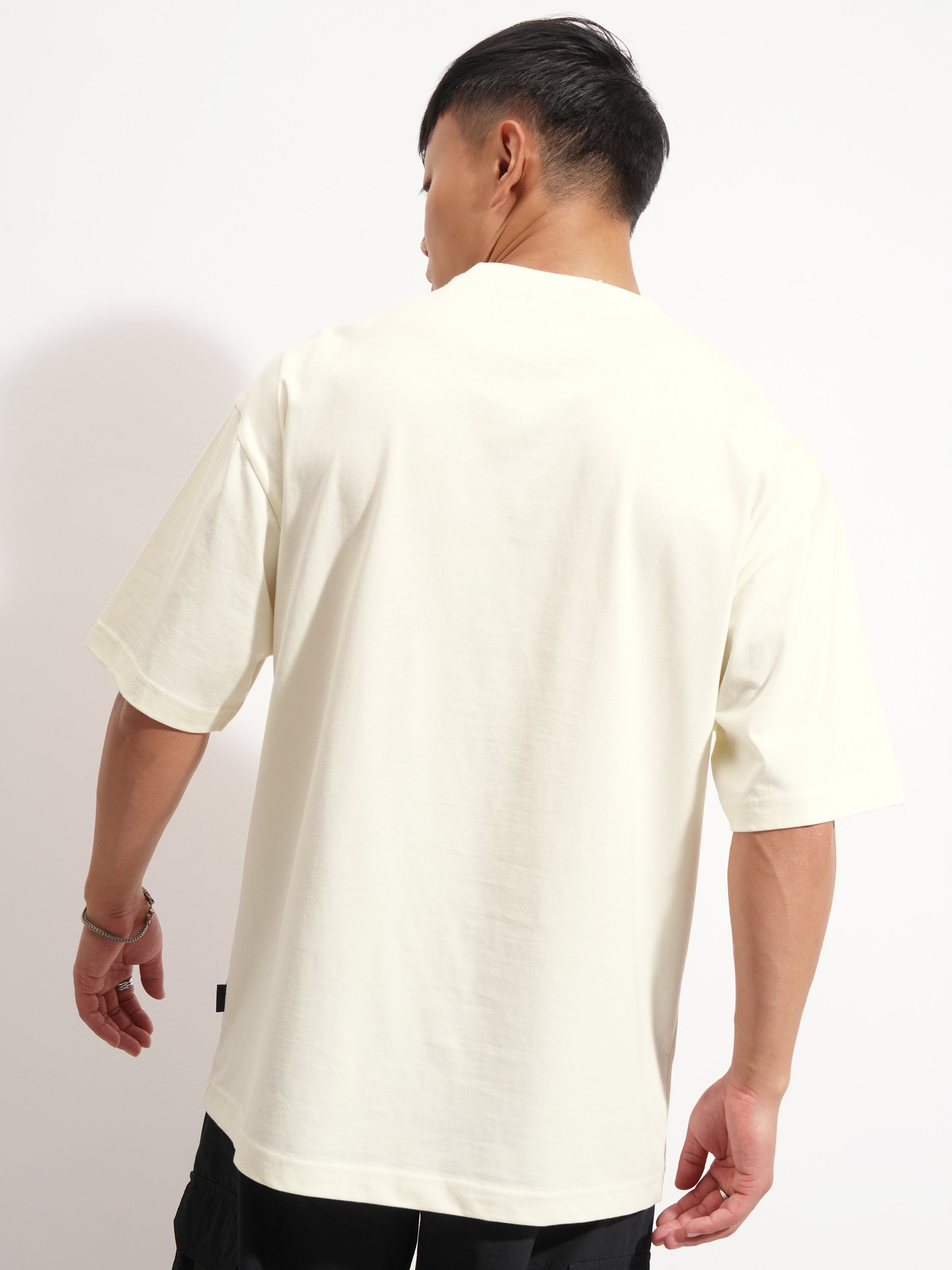 Highlander Men Cream Printed Round Neck Oversized Fit T-Shirt - Cream - Image 3