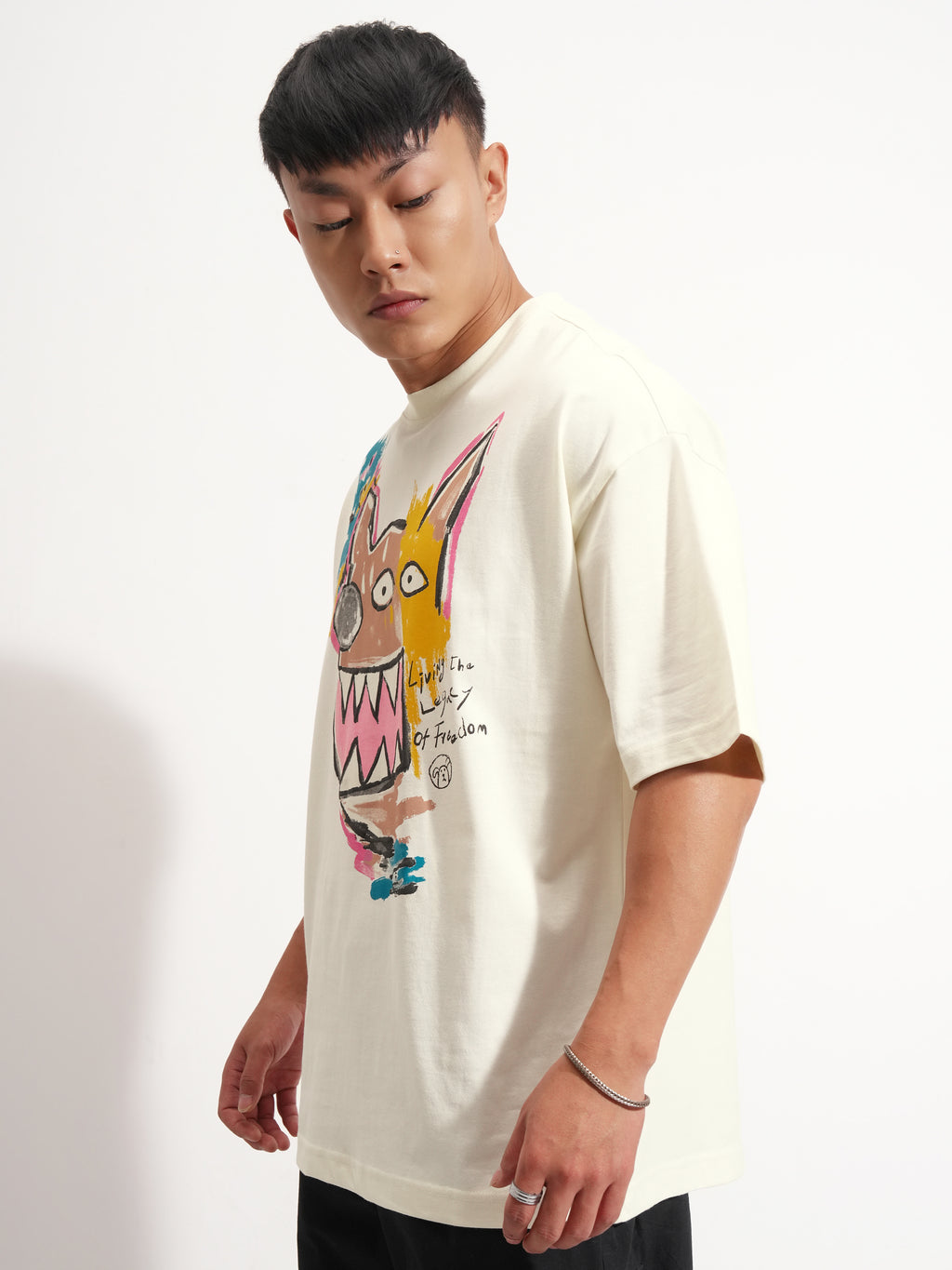 Highlander Men Cream Printed Round Neck Oversized Fit T-Shirt - Cream - Image 4