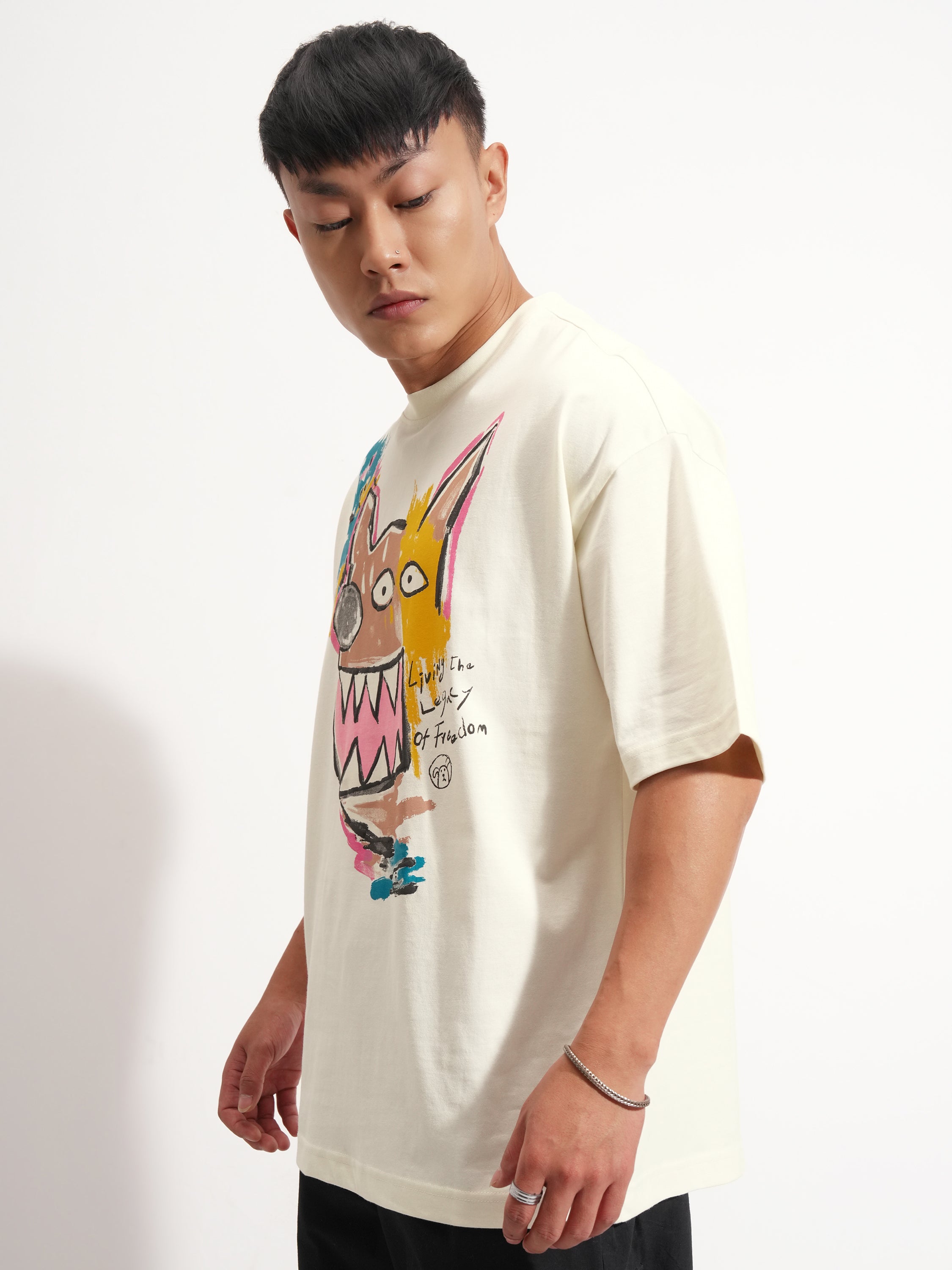 Highlander Men Cream Printed Round Neck Oversized Fit T-Shirt - Cream - Image 4