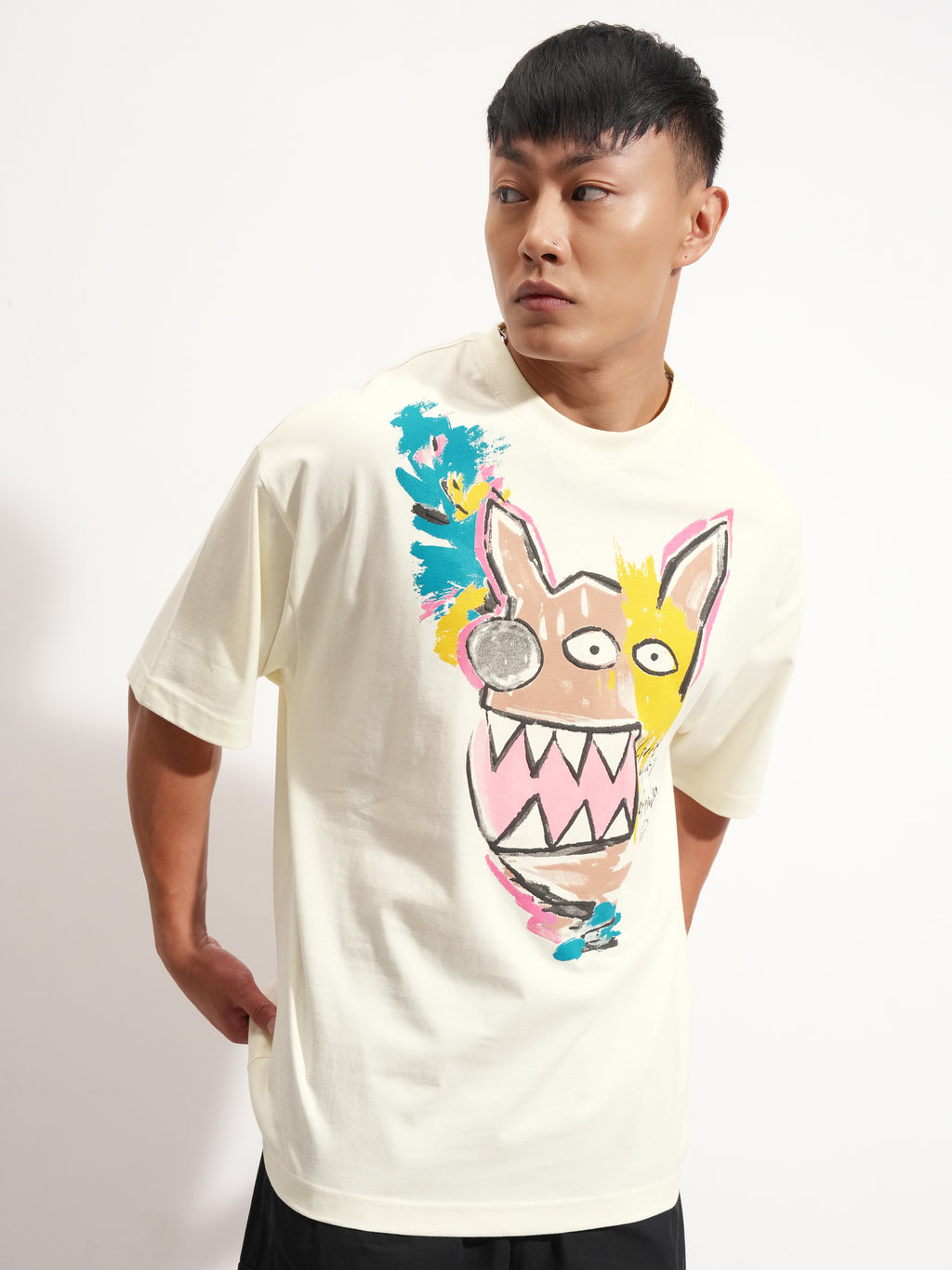 Highlander Men Cream Printed Round Neck Oversized Fit T-Shirt - Cream - Image 6