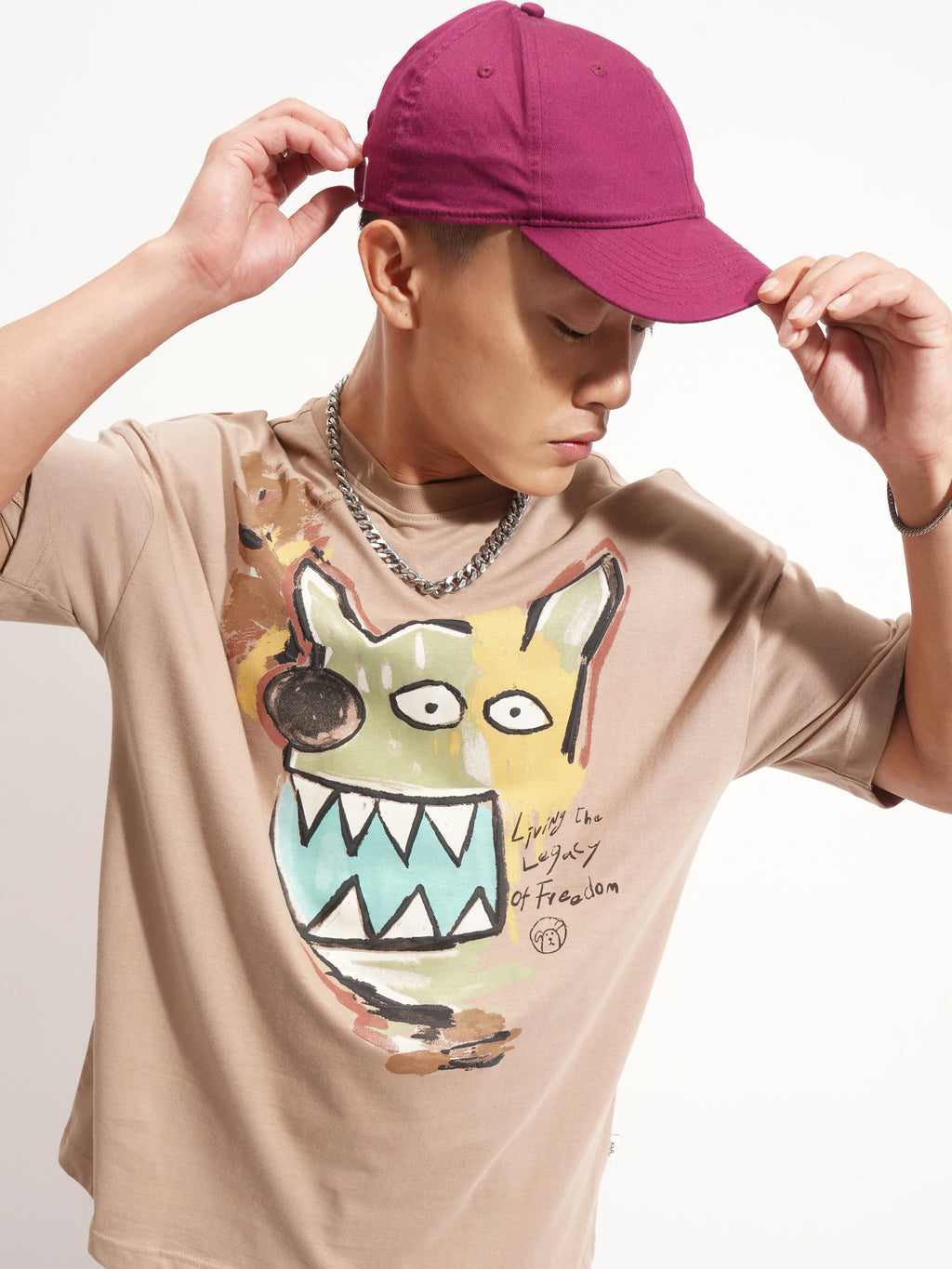 Highlander Men Tan Printed Round Neck Oversized Fit T-Shirt - Tan - Image 1