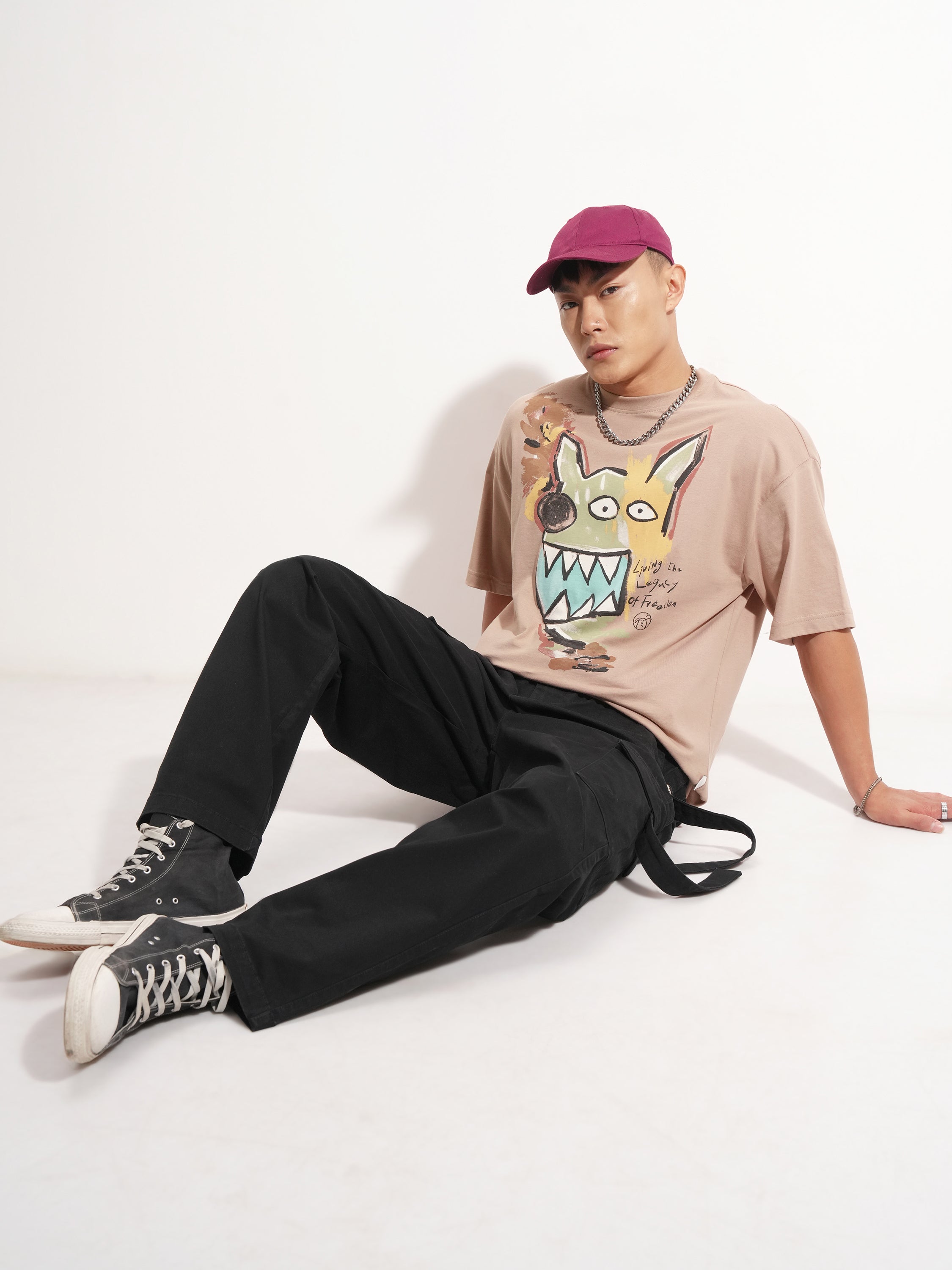Highlander Men Tan Printed Round Neck Oversized Fit T-Shirt - Tan - Image 2