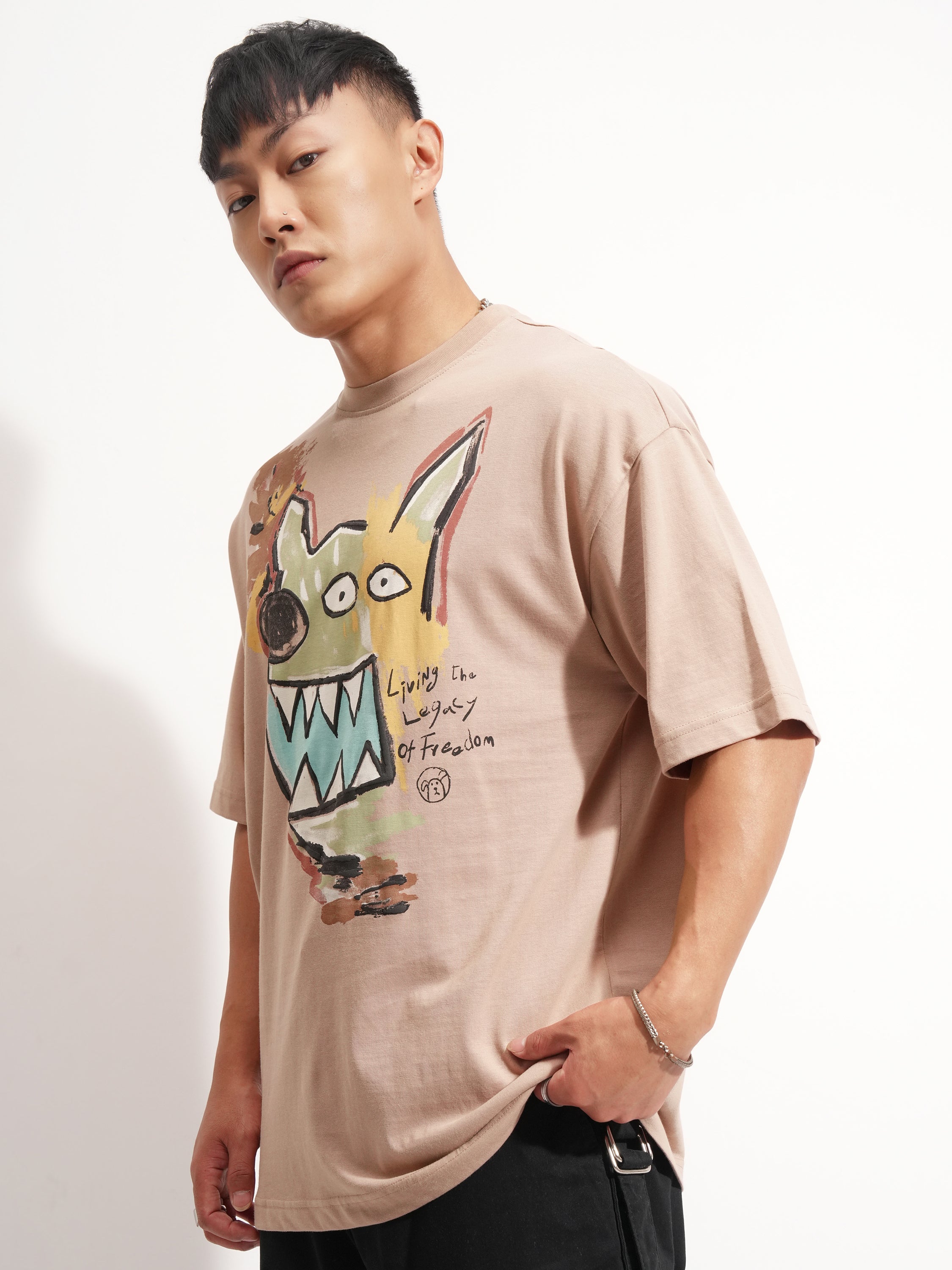 Highlander Men Tan Printed Round Neck Oversized Fit T-Shirt - Tan - Image 4
