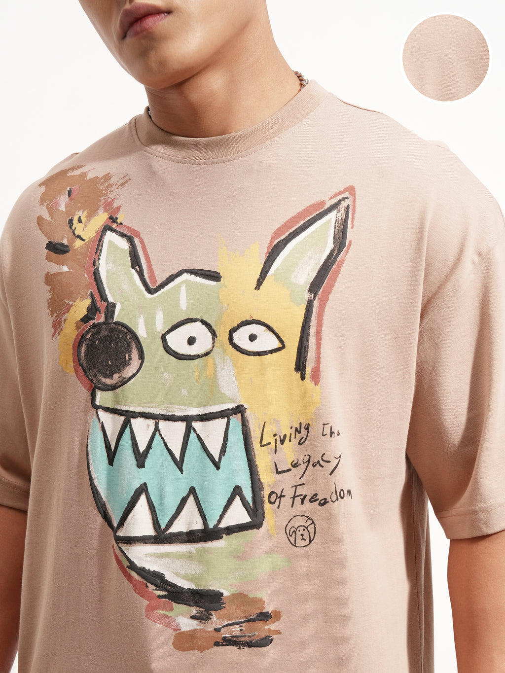 Highlander Men Tan Printed Round Neck Oversized Fit T-Shirt - Tan - Image 5
