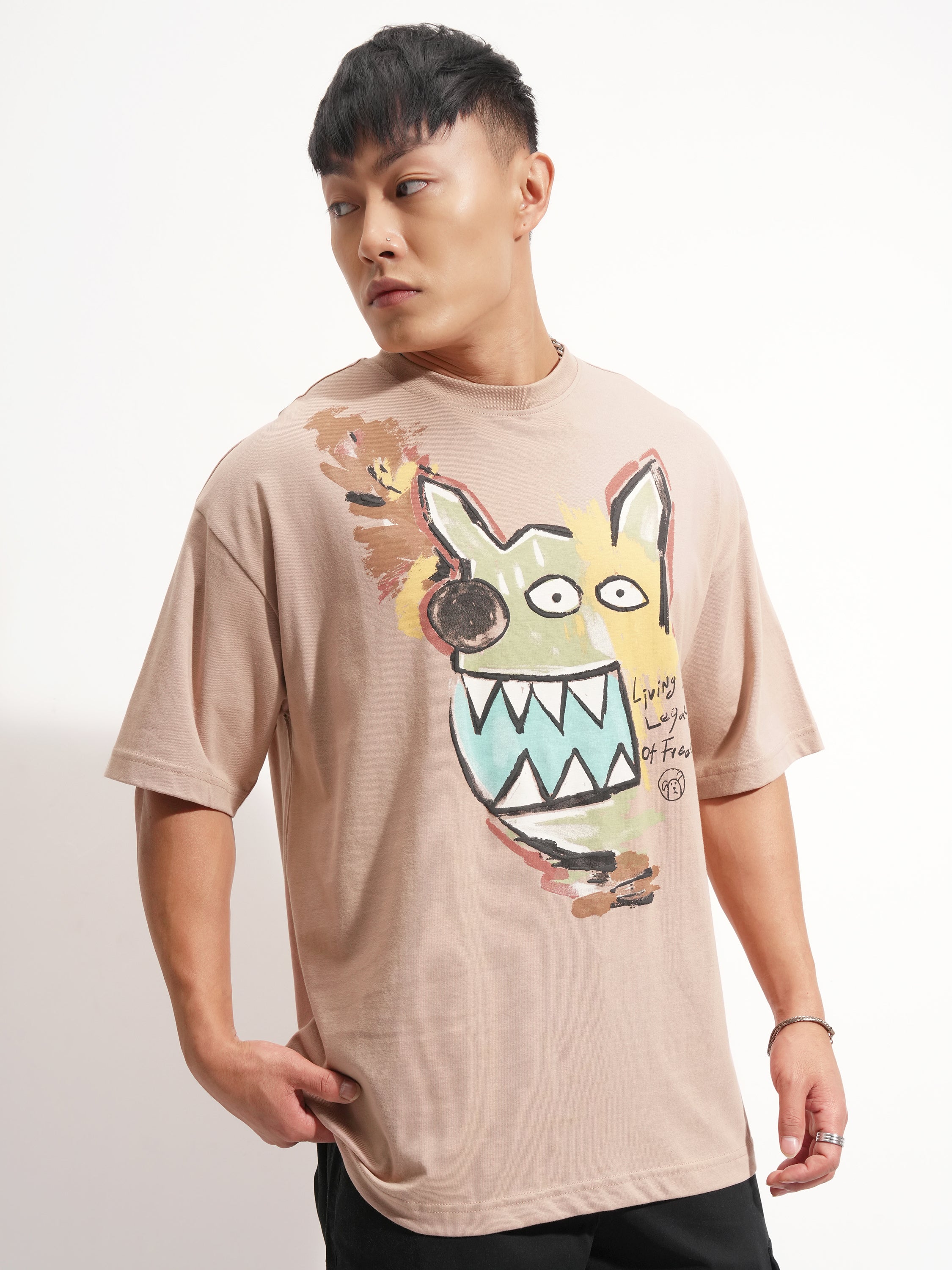 Highlander Men Tan Printed Round Neck Oversized Fit T-Shirt - Tan - Image 6