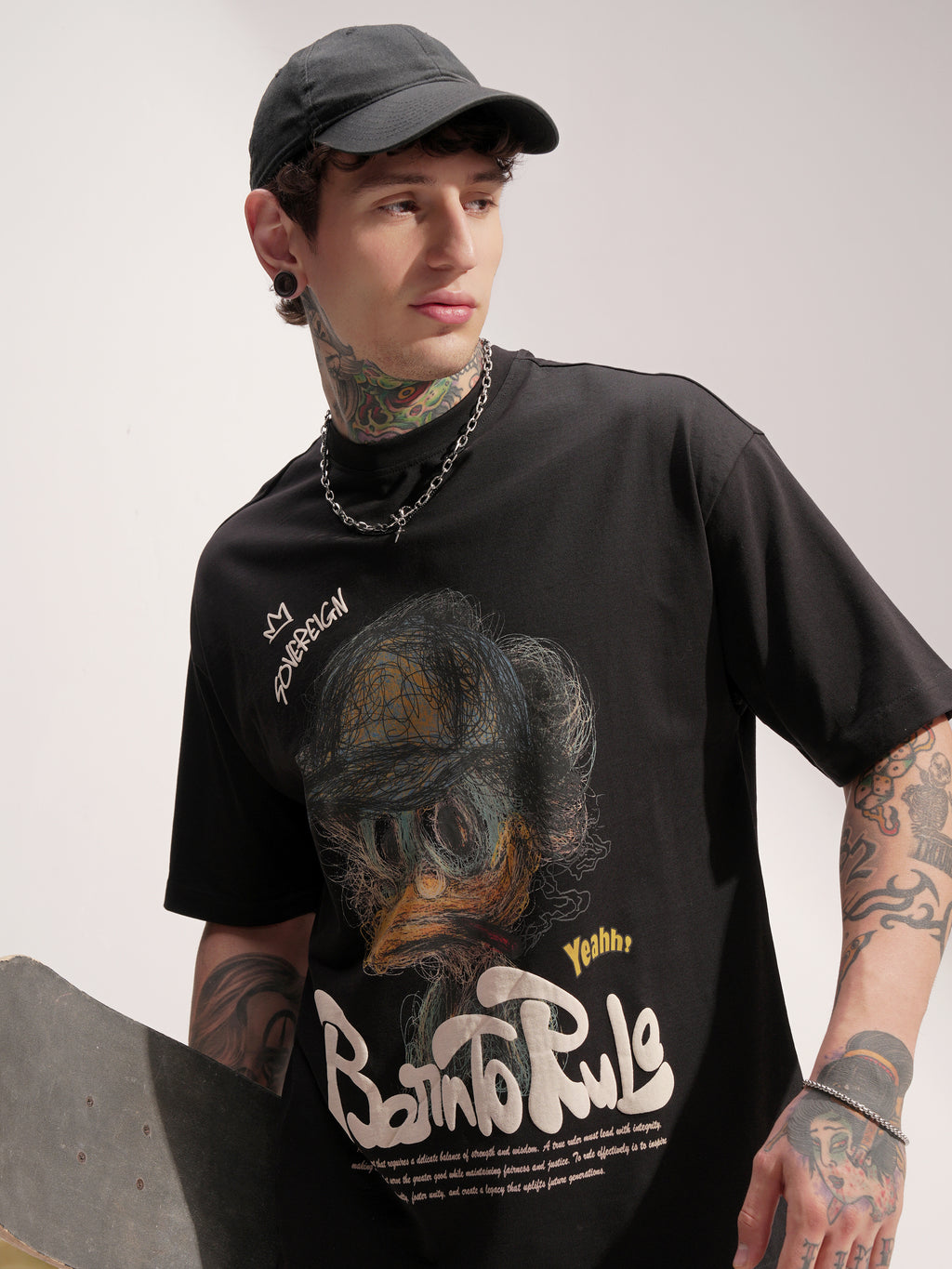 Highlander Men Black Printed Round Neck Oversized Fit T-Shirt - Black - Image 1