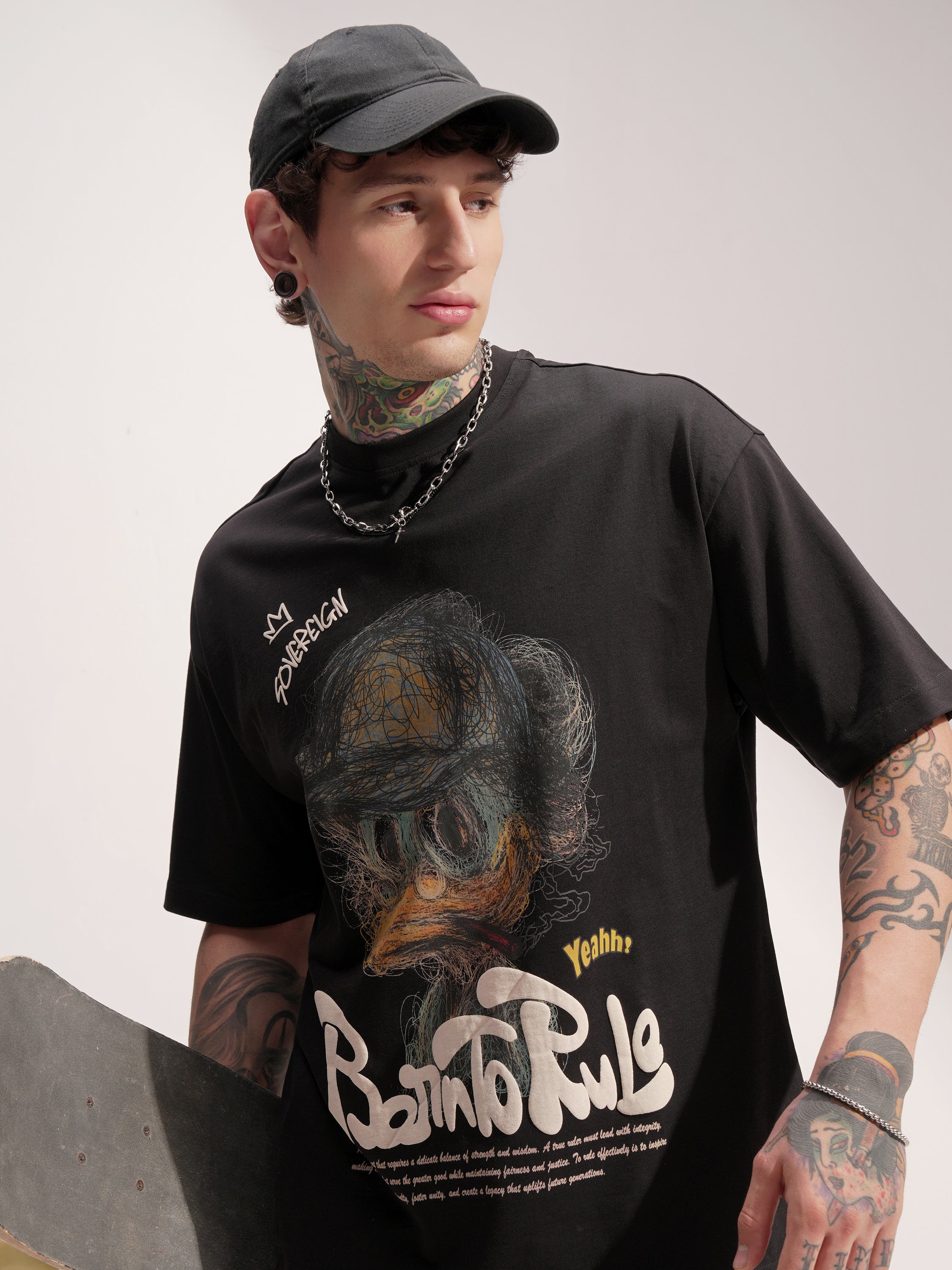 Highlander Men Black Printed Round Neck Oversized Fit T-Shirt - Black - Image 1