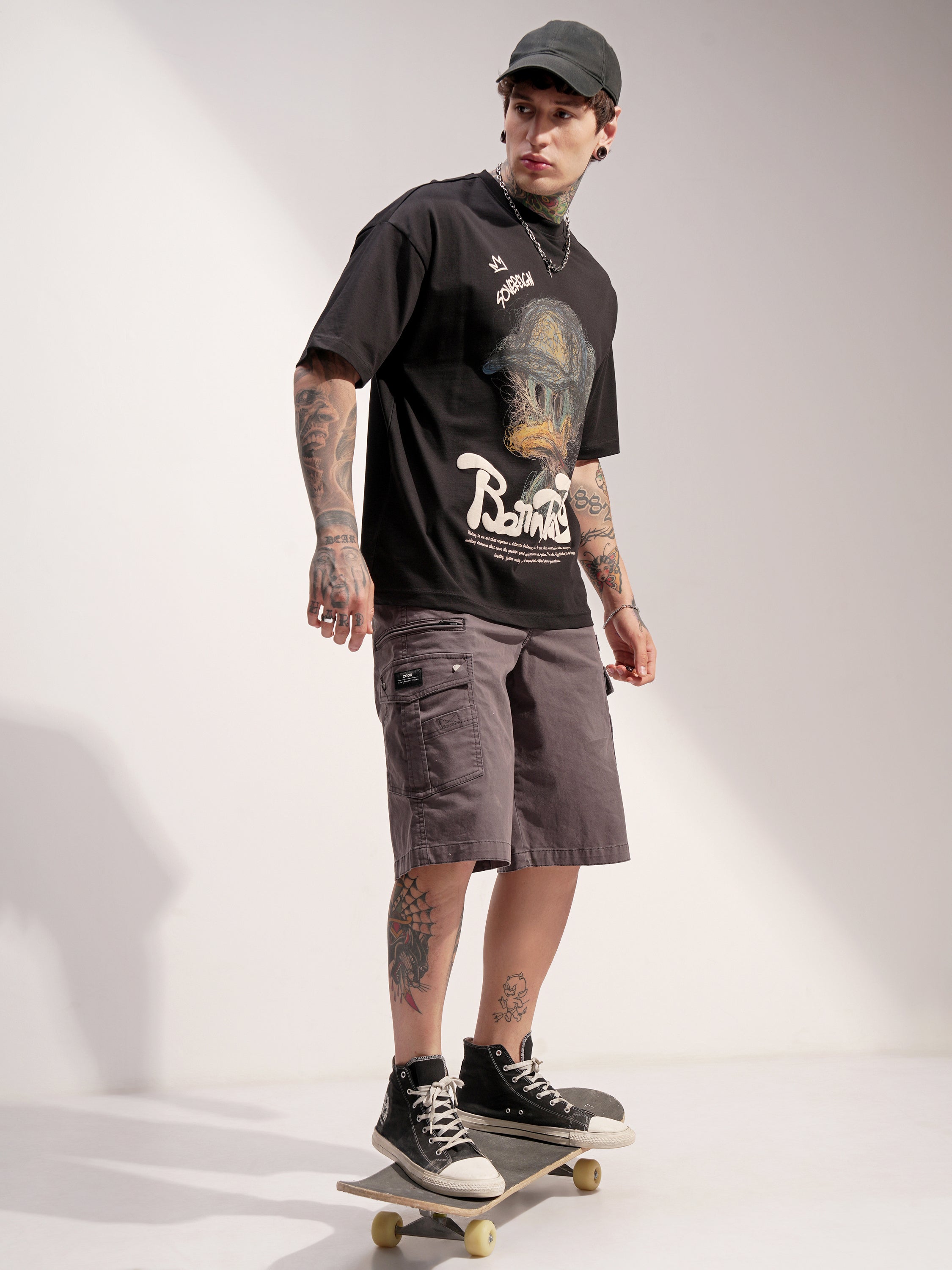 Highlander Men Black Printed Round Neck Oversized Fit T-Shirt - Black - Image 2