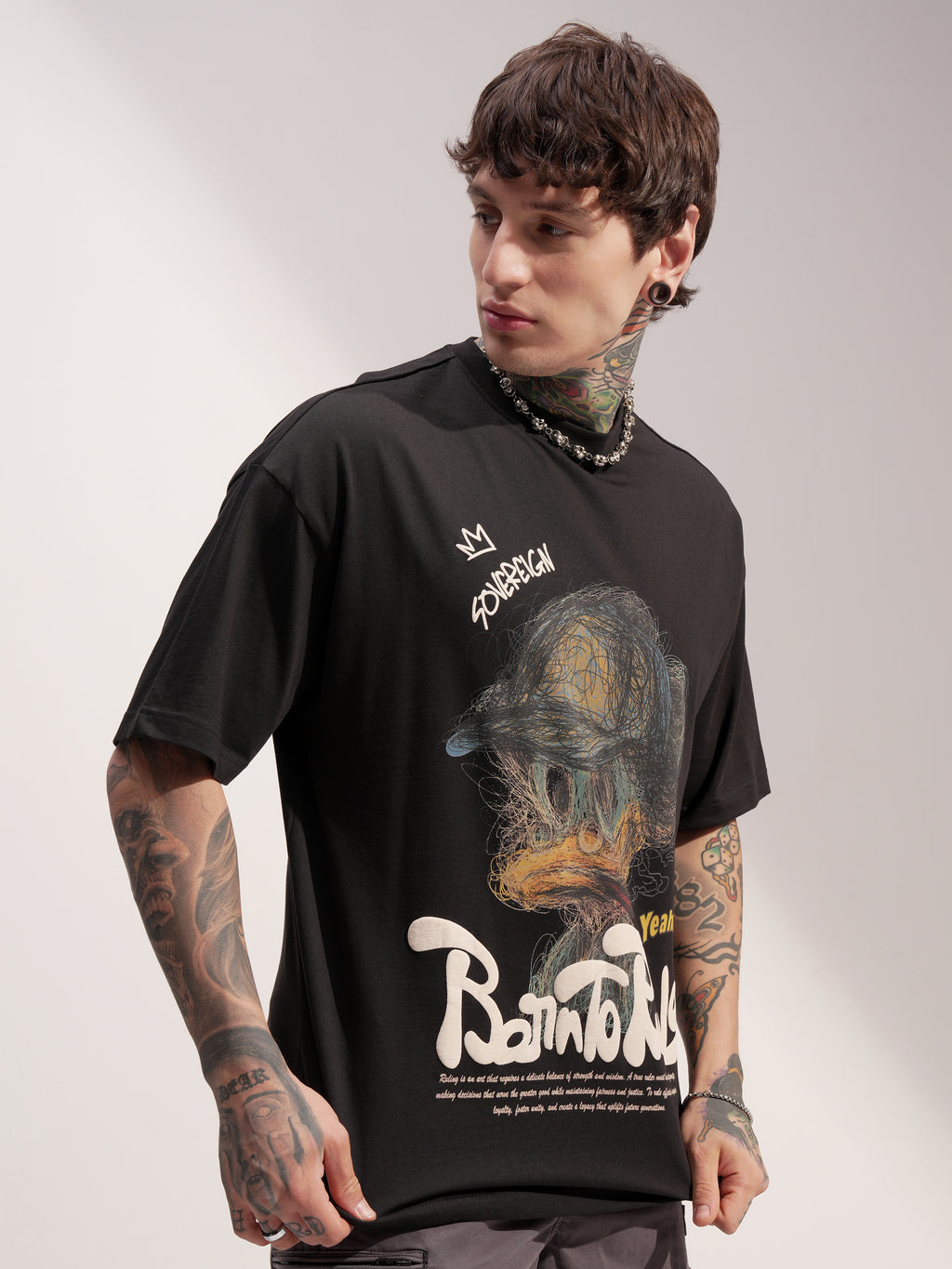 Highlander Men Black Printed Round Neck Oversized Fit T-Shirt - Black - Image 6
