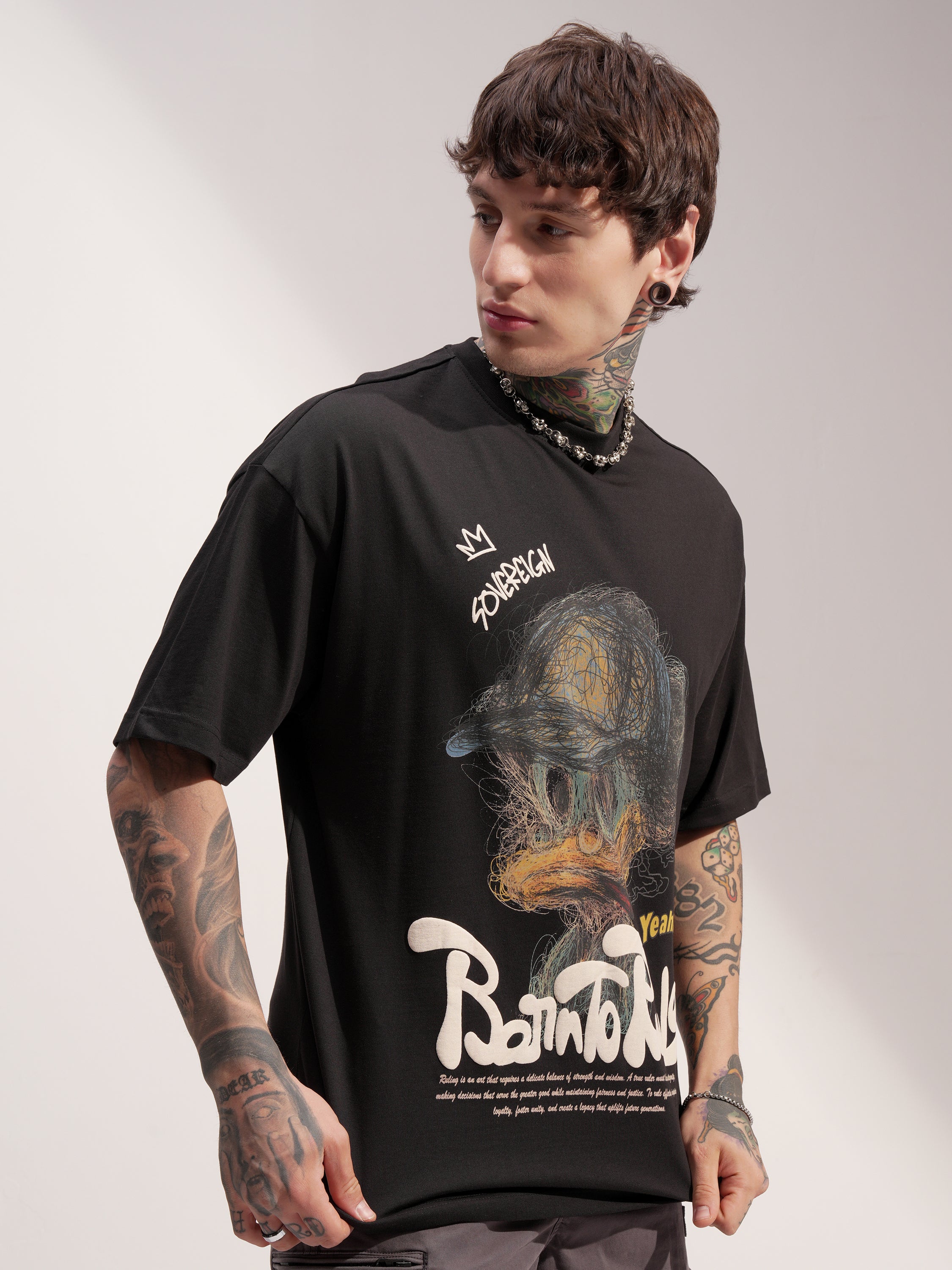 Highlander Men Black Printed Round Neck Oversized Fit T-Shirt - Black - Image 6
