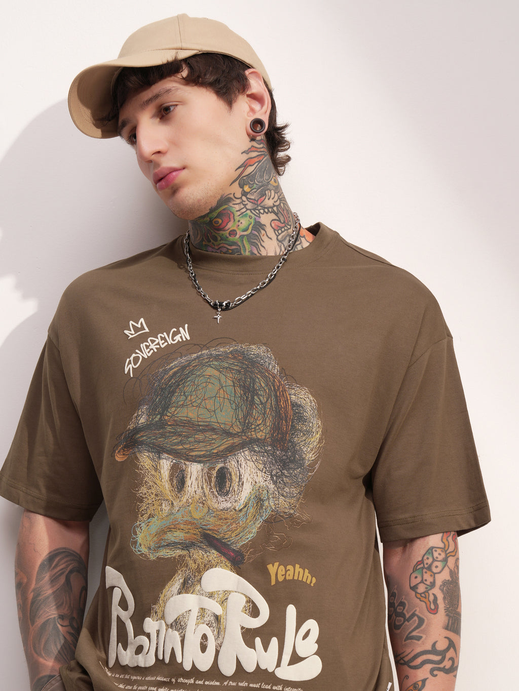 Highlander Men Khaki Printed Round Neck Oversized Fit T-Shirt - Khaki - Image 1