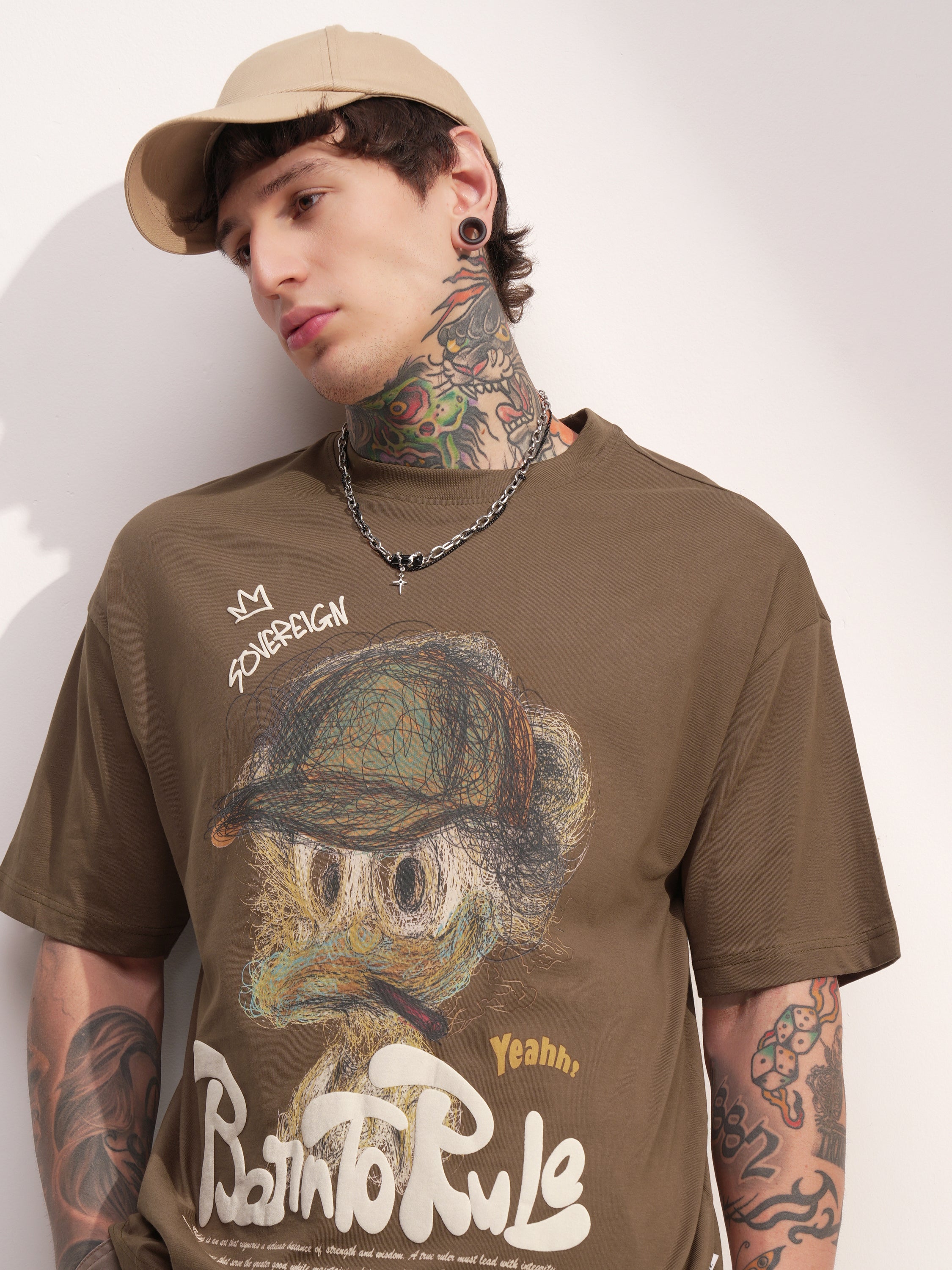 Highlander Men Khaki Printed Round Neck Oversized Fit T-Shirt - Khaki - Image 1