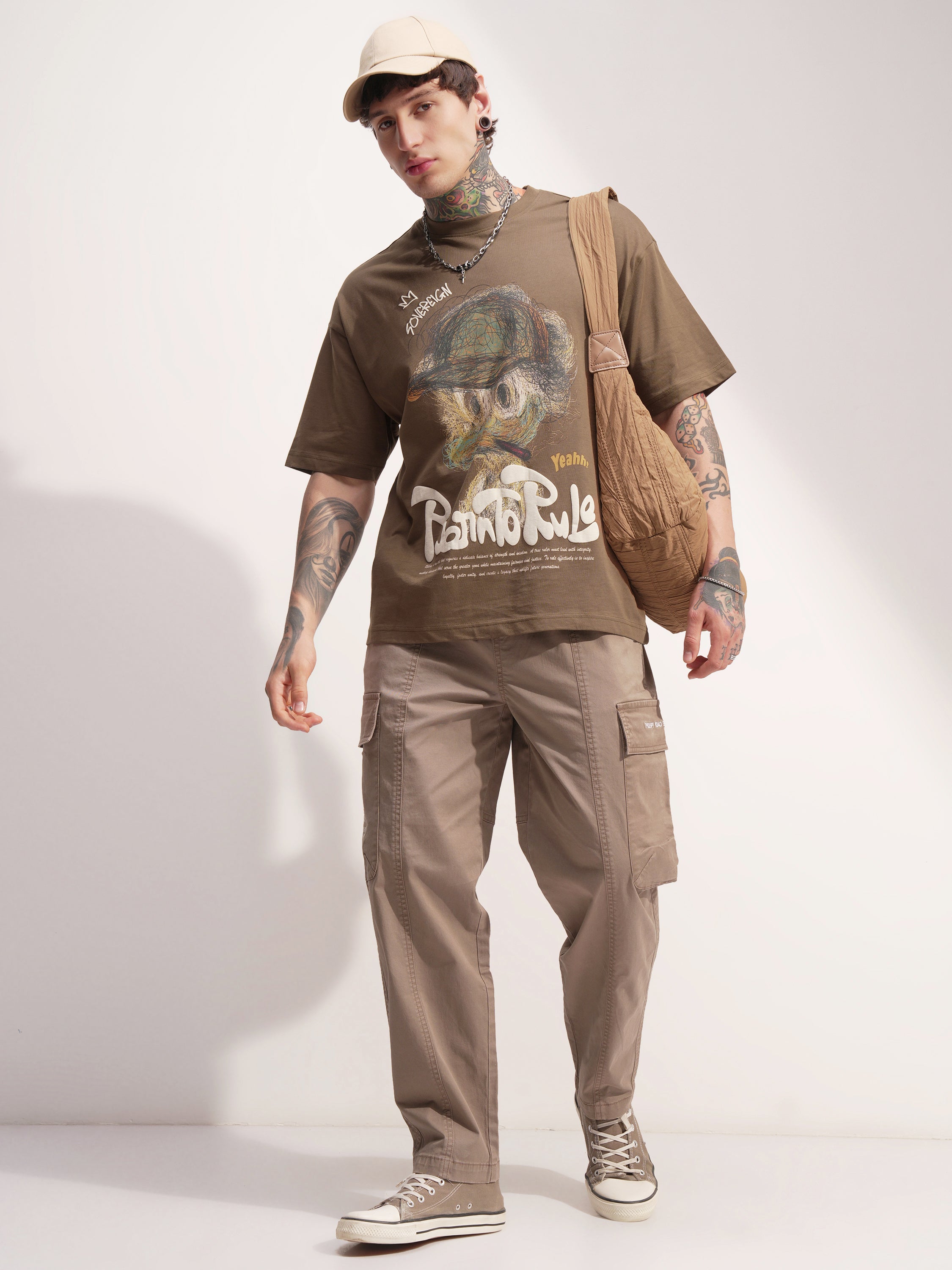 Highlander Men Khaki Printed Round Neck Oversized Fit T-Shirt - Khaki - Image 2