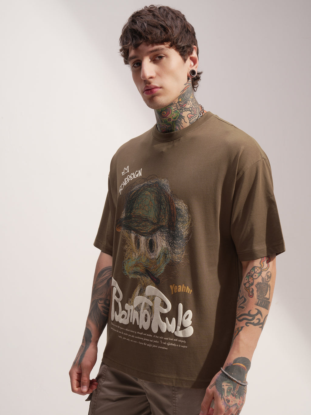 Highlander Men Khaki Printed Round Neck Oversized Fit T-Shirt - Khaki - Image 4