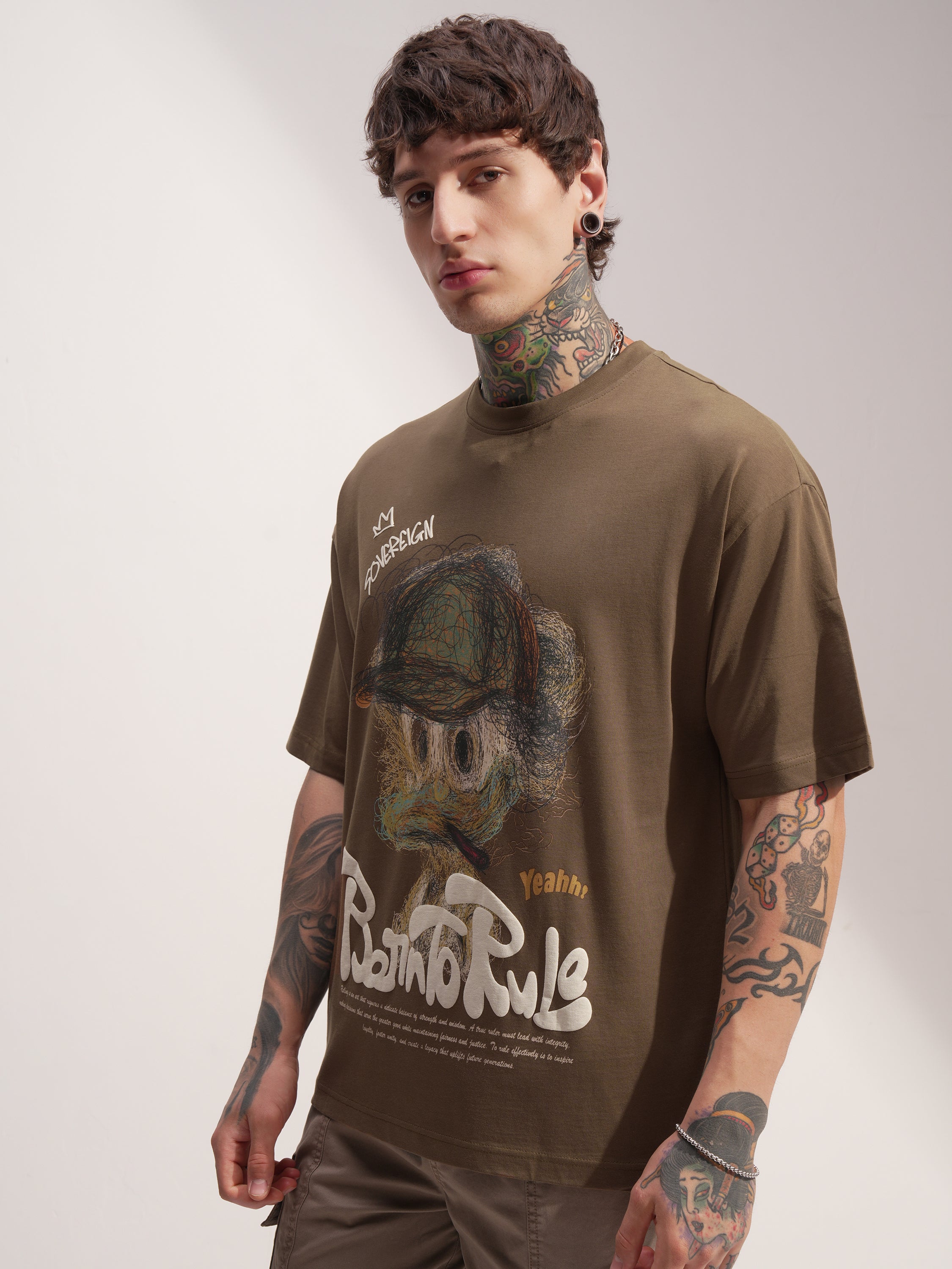 Highlander Men Khaki Printed Round Neck Oversized Fit T-Shirt - Khaki - Image 4