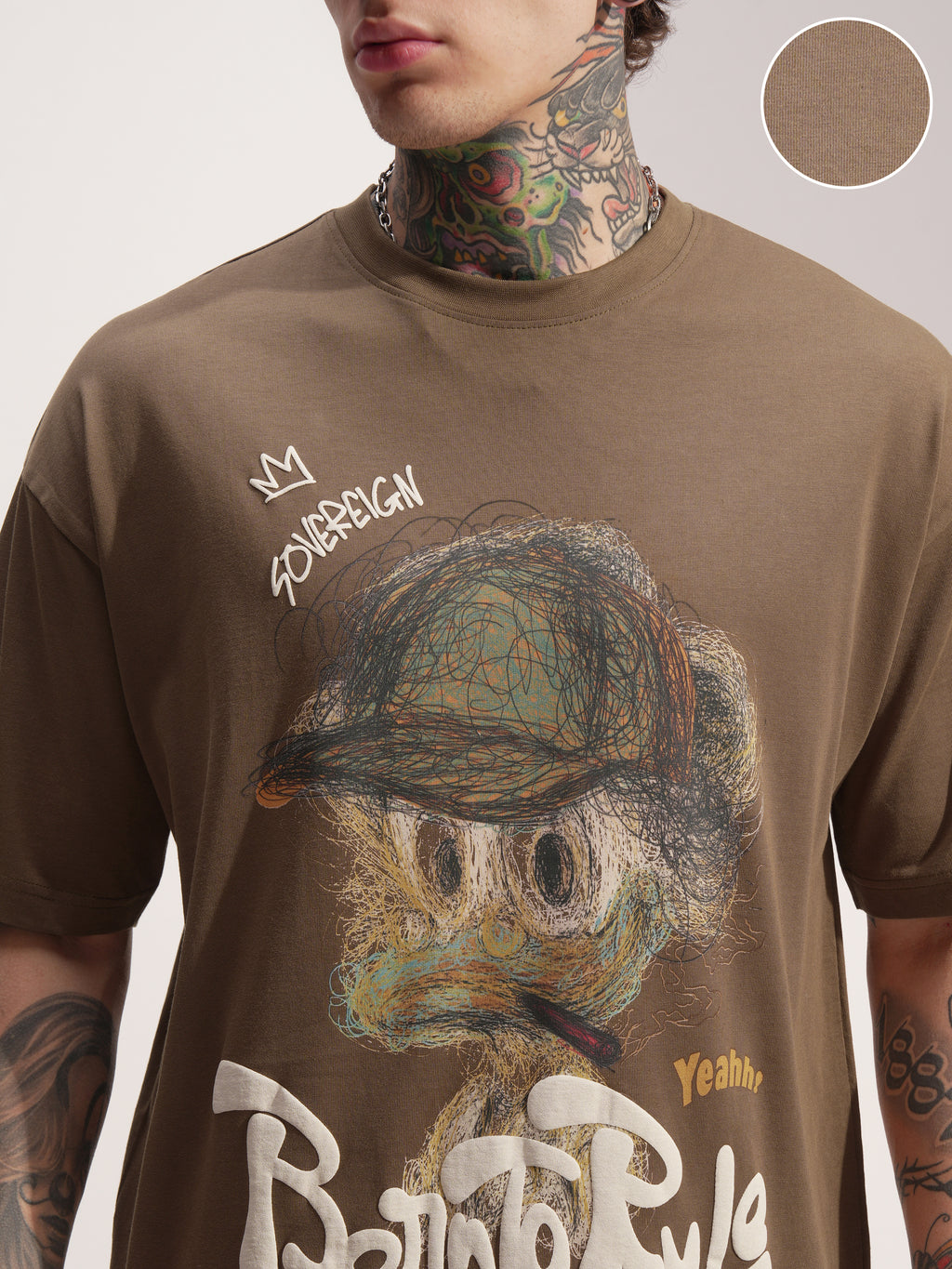Highlander Men Khaki Printed Round Neck Oversized Fit T-Shirt - Khaki - Image 5