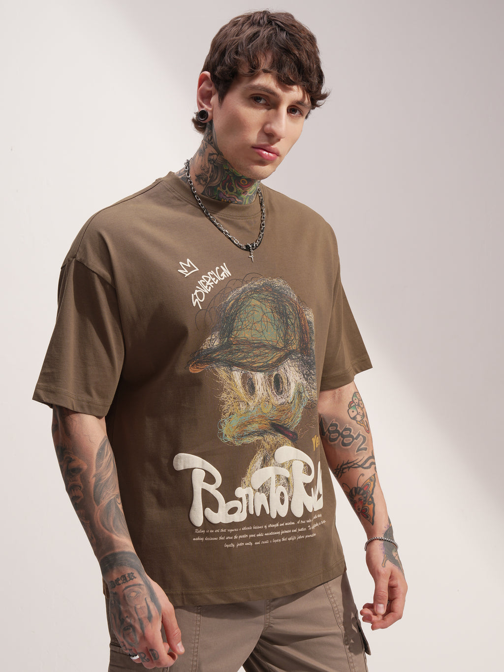 Highlander Men Khaki Printed Round Neck Oversized Fit T-Shirt - Khaki - Image 6