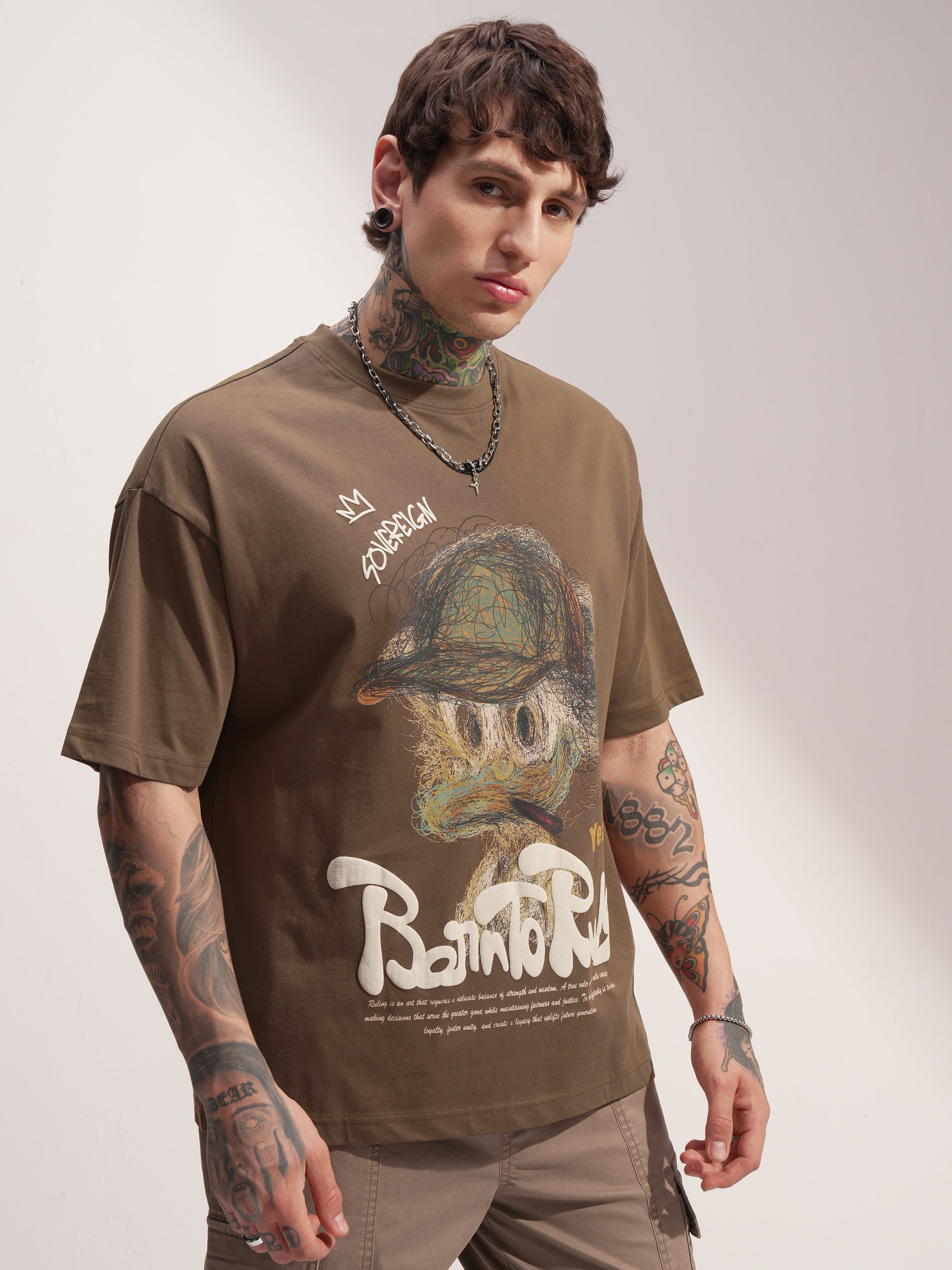 Highlander Men Khaki Printed Round Neck Oversized Fit T-Shirt - Khaki - Image 6
