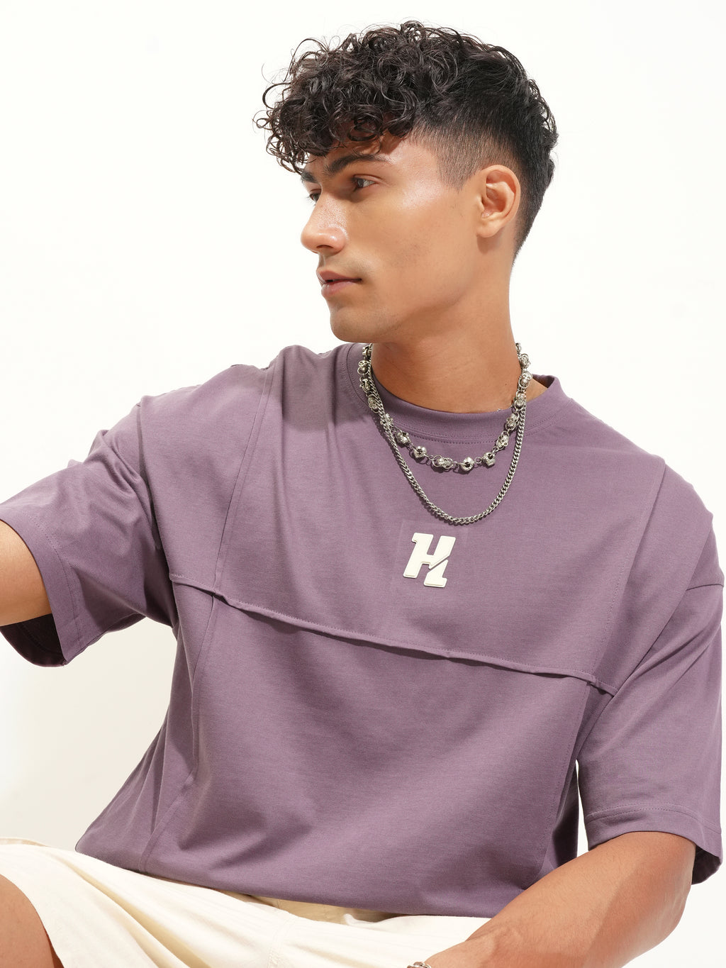 Highlander Men Lavender Printed Round Neck Oversized Fit T-Shirt - Lavender - Image 1