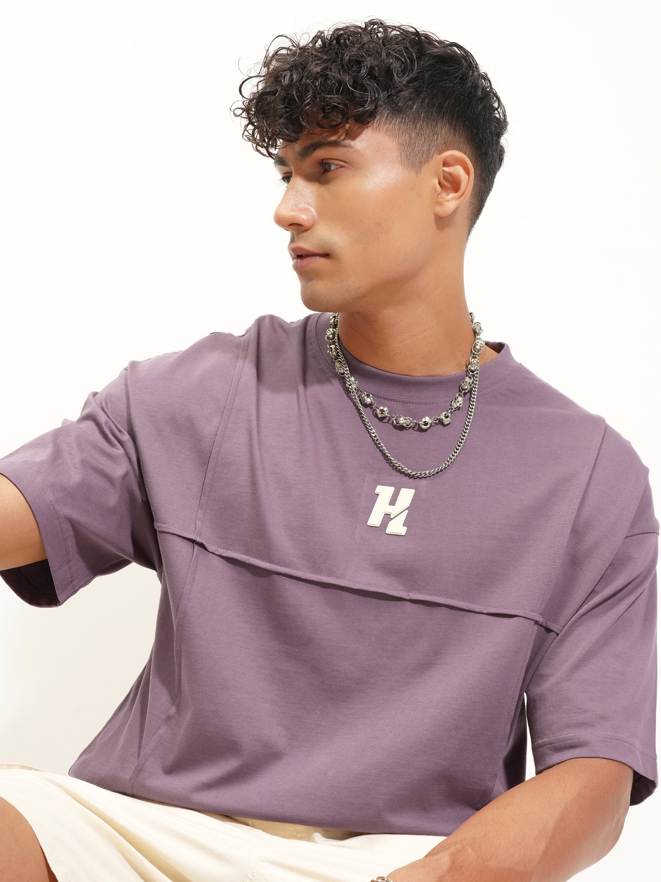 Highlander Men Lavender Printed Round Neck Oversized Fit T-Shirt - Lavender - Image 1