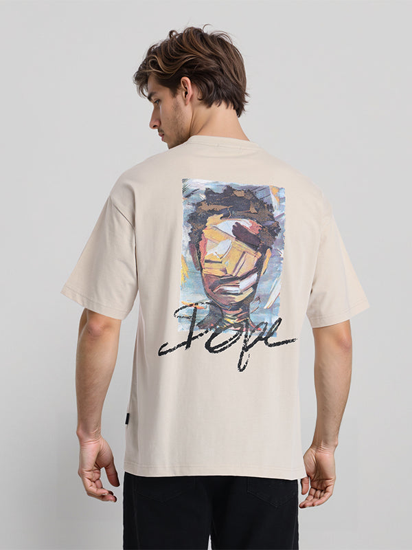 Highlander Men Beige Printed Round Neck Oversized Fit T-Shirt - Beige - Image 3