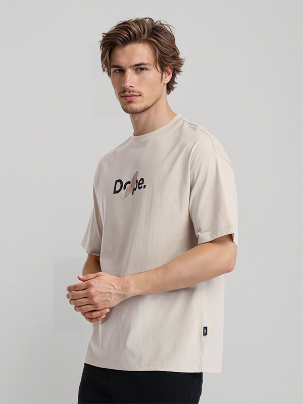 Highlander Men Beige Printed Round Neck Oversized Fit T-Shirt - Beige - Image 4