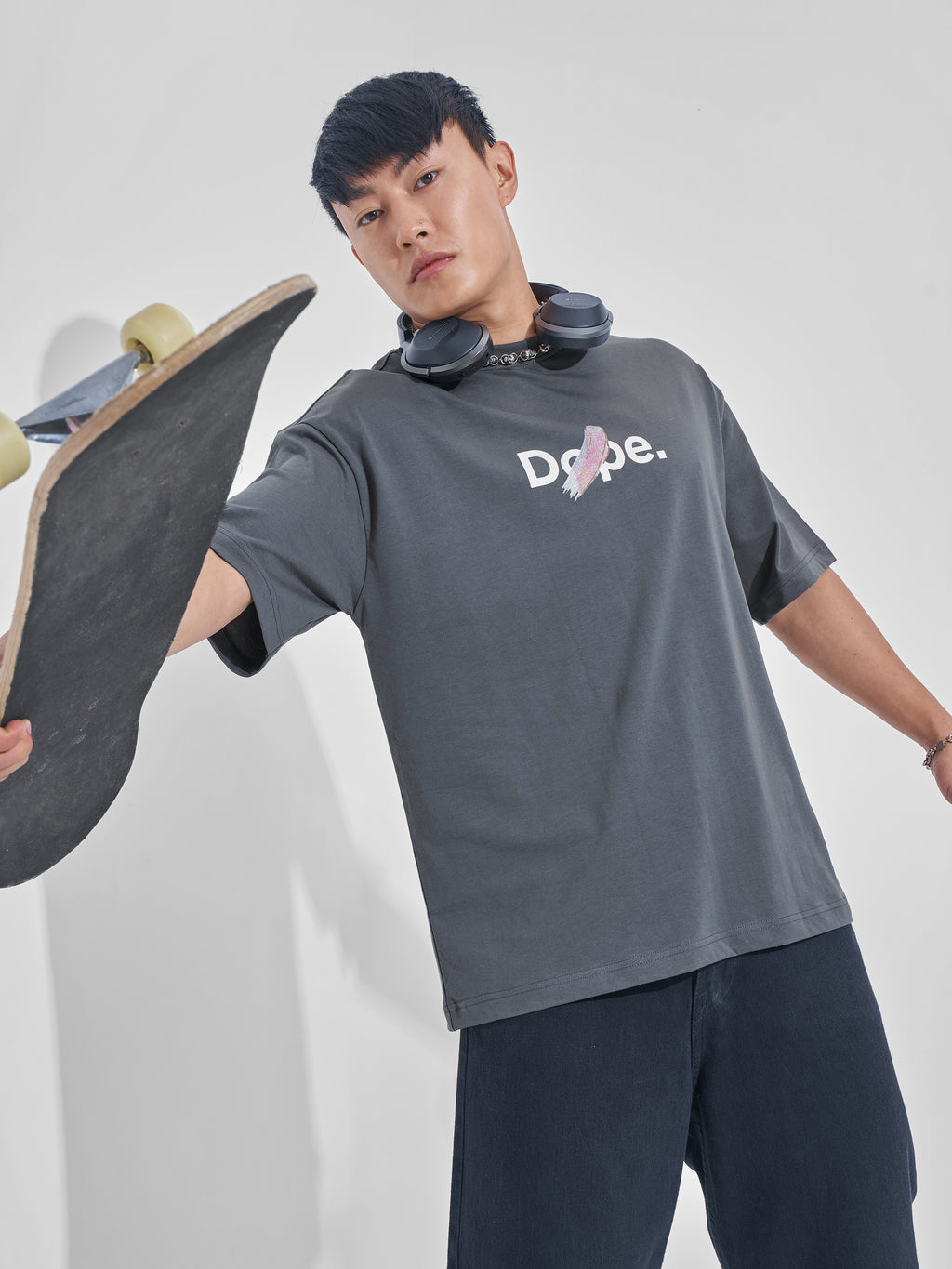 Highlander Men Grey Printed Round Neck Oversized Fit T-Shirt - Grey - Image 1