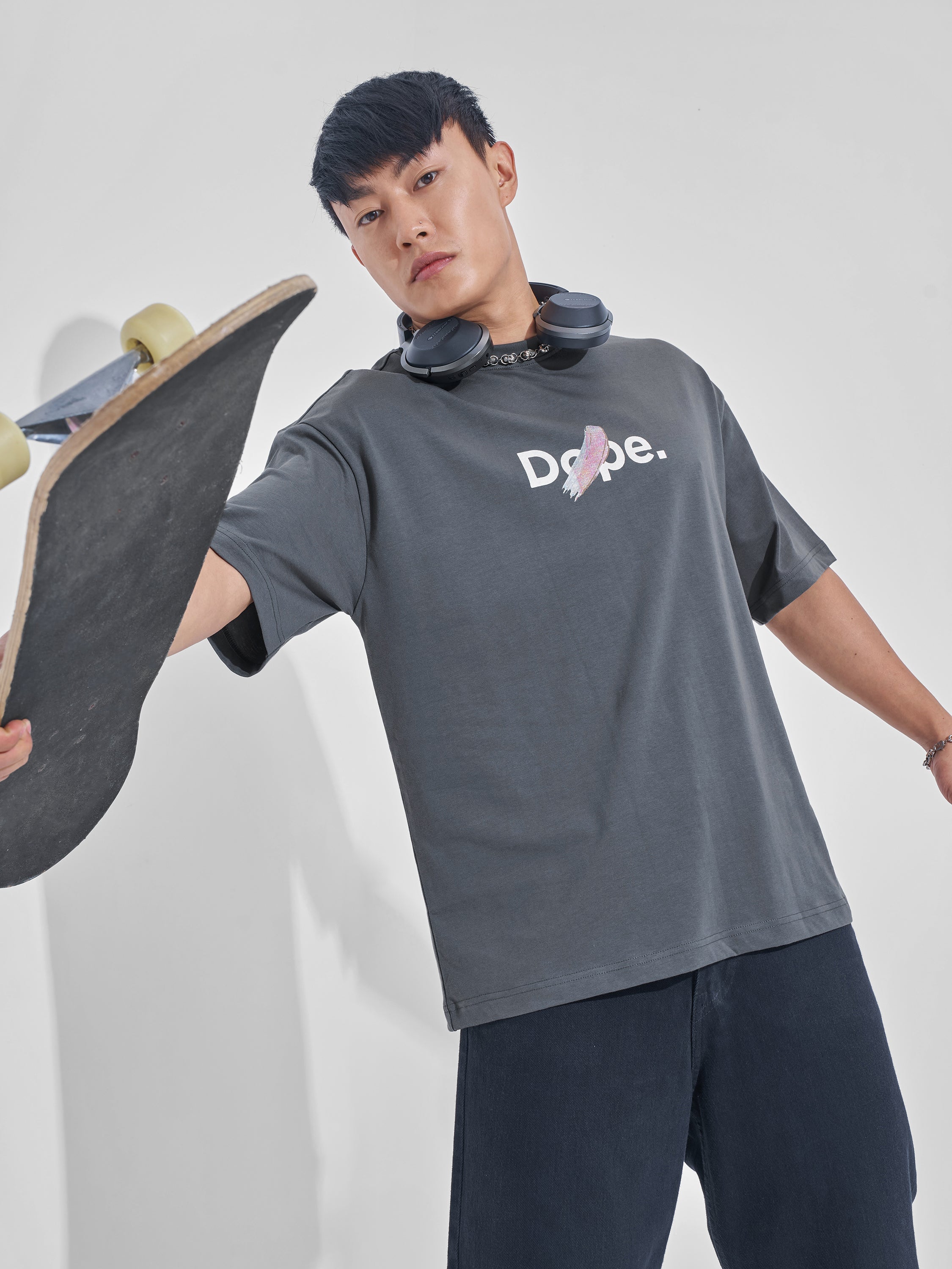 Highlander Men Grey Printed Round Neck Oversized Fit T-Shirt - Grey - Image 1